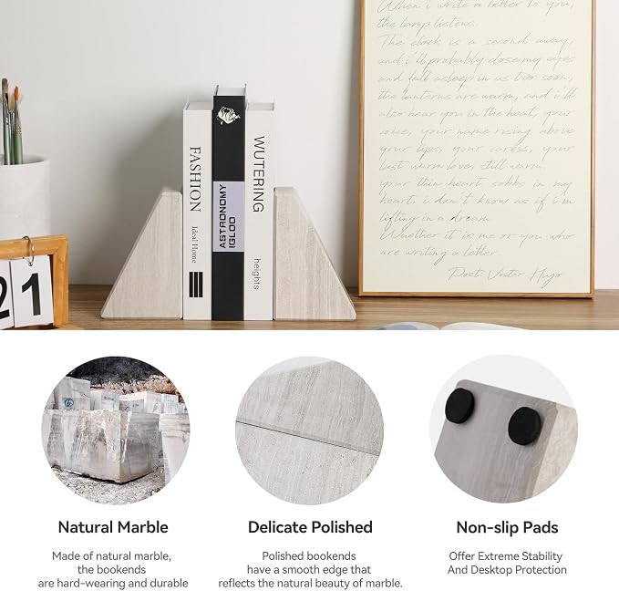 Marble Book Ends for Heavy Books, Decorative Bookends for Shelves, Durable and - Image 4