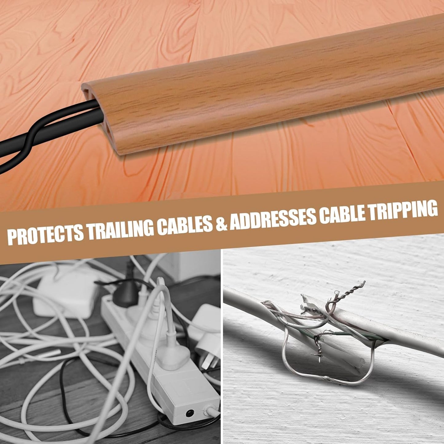 Floor Cord Cover Self Adhesive Cord Hider,10FT Cable Management, Extension Strip Protector for Wires, Prevent Cable Trips for Offices, Gyms, Exhibitions Cavity:0.47"(W) x 0.35"(H) Brown Wood