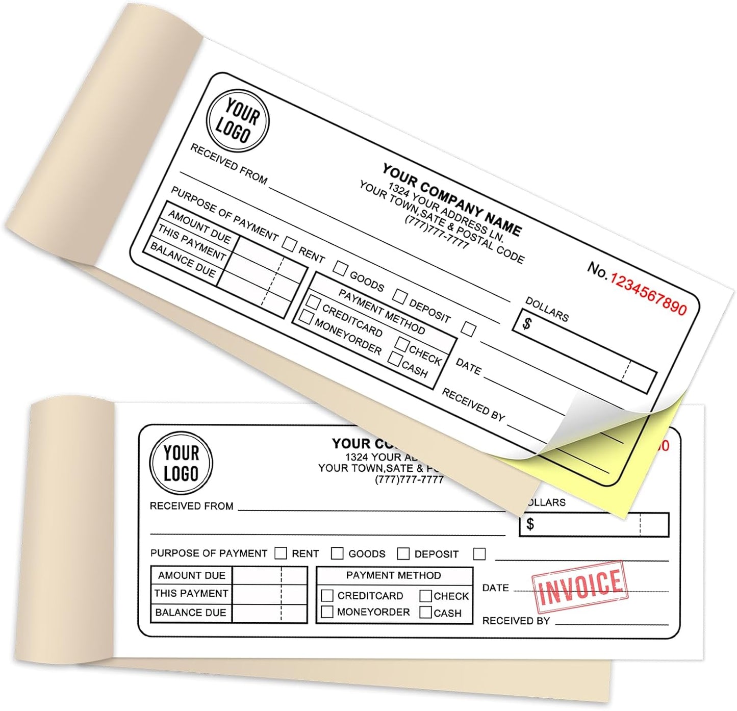 Custom Sales Invoice Personalized Carbonless NCR Forms with Company Name/Logo Personalized Invoice, Receipt Book, Work Sales Purchase Orders, Estimates, Quote Forms 7" x 2.83" - 2 Part(100 Sets)
