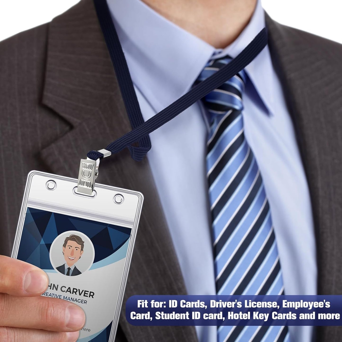 Marspark 100 Pcs Name Tag Lanyards with ID Holder Lanyards for ID Badges Resealable Flat Neck Name Tag with Clip Waterproof Plastic Clear Badges Bulk for School Office Supplies (Dark Blue)