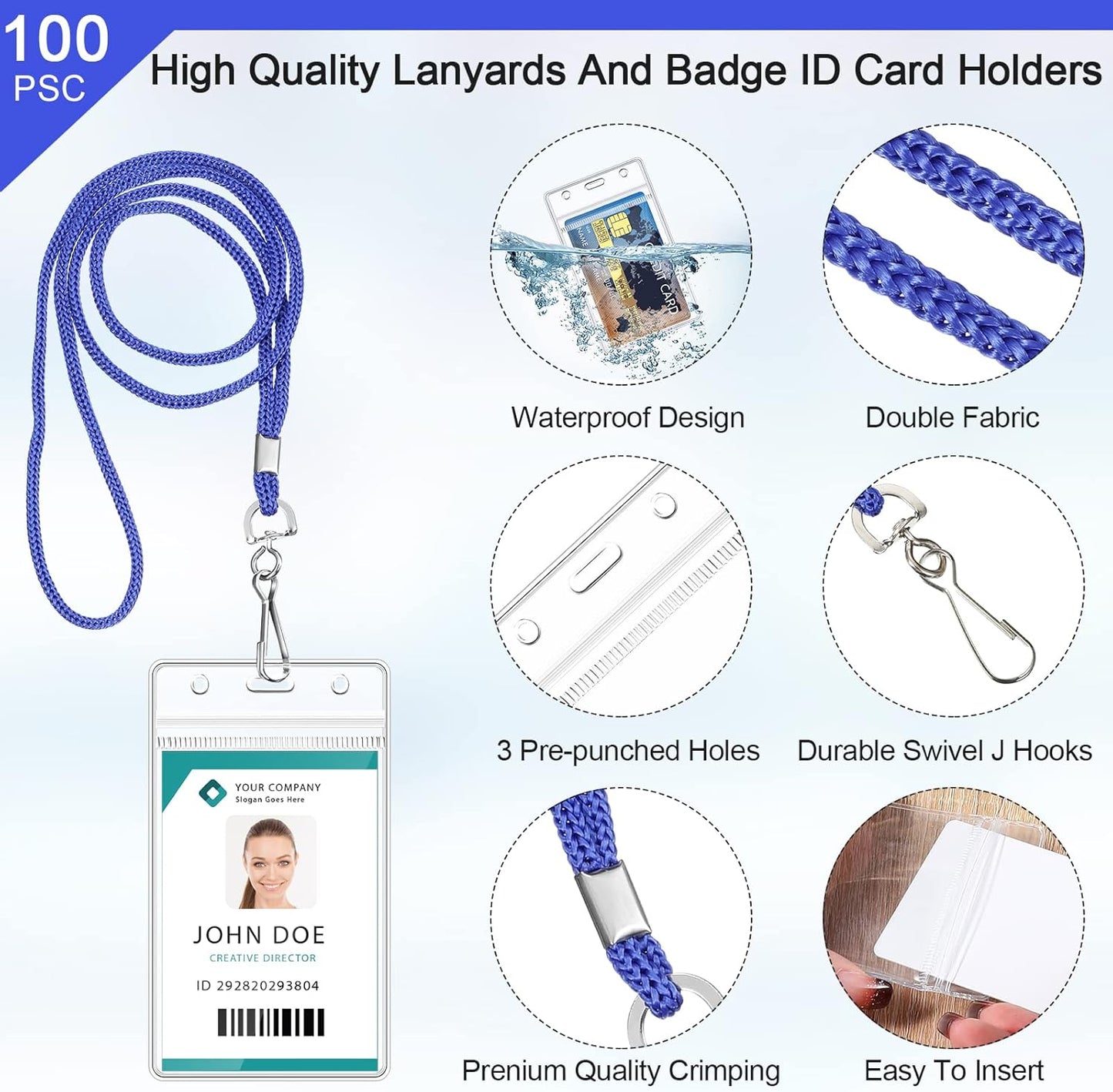 Marspark 100 Pieces Lanyards for ID Badges Name Tag Lanyards Bulk Neck Lanyard Badge Holder for Reel ID Card Name Badge Holder Waterproof Plastic Resealable Card Sleeves Hook Cords(Royal Blue)