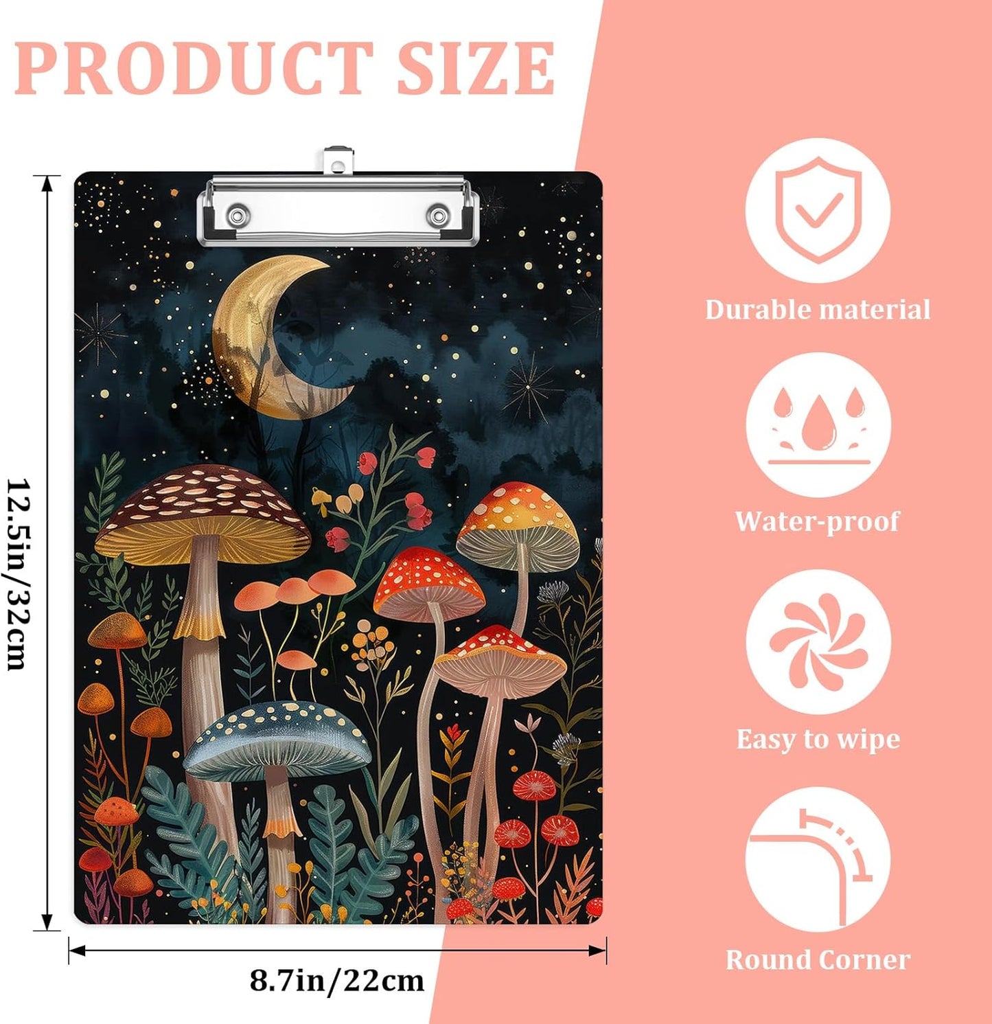 Forest Mushroom Plastic Clipboards,Cute Fashion Moon Clipboard Decorative 8.5" x 12.5"Standard A4 Size Clipboards,Acrylic Clipboard for Teacher,Social Worker,Students,Nurse,Office Supplies