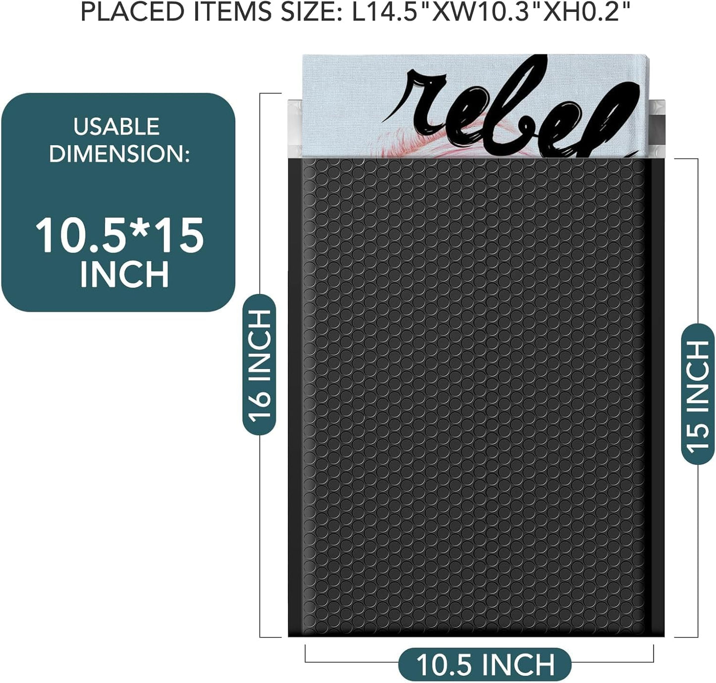 Metronic 500Pcs Poly Bubble Mailers, 10.5X16 Inch Envelopes Padded Bulk, Bubble Envelopes Lined Wrap Polymailer Bag for Shipping/Packaging/Mailing Self Seal Black, Usable Size Bubble Mailers 10.5X15