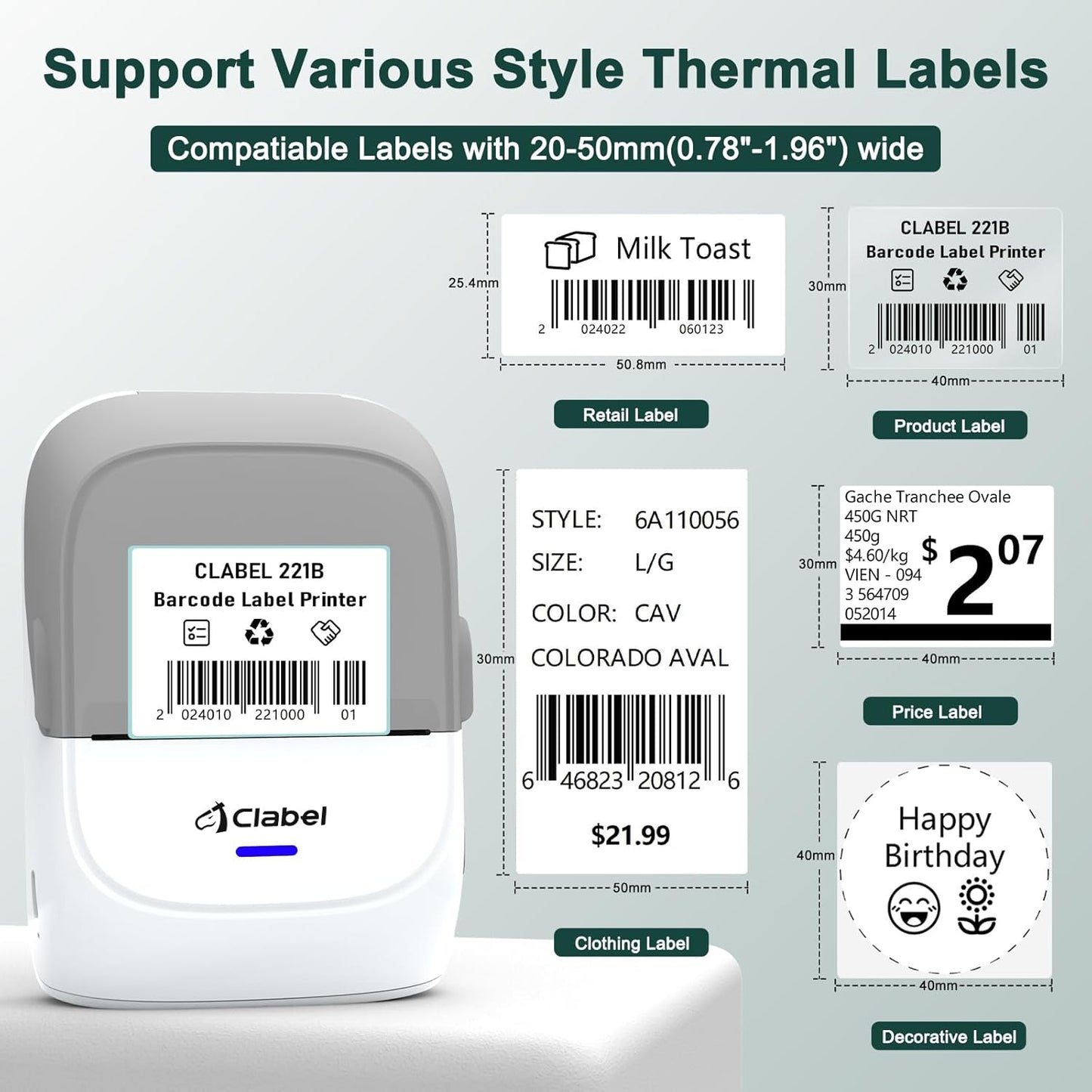 CLABEL Thermal Label Maker Machine 221B Mini Portable Label Printer Thermal Labeling Printing Machine Sticker Bluetooth Label Printer Barcode Inkless Labelmaker for Price Logo Clothing (Gray White)