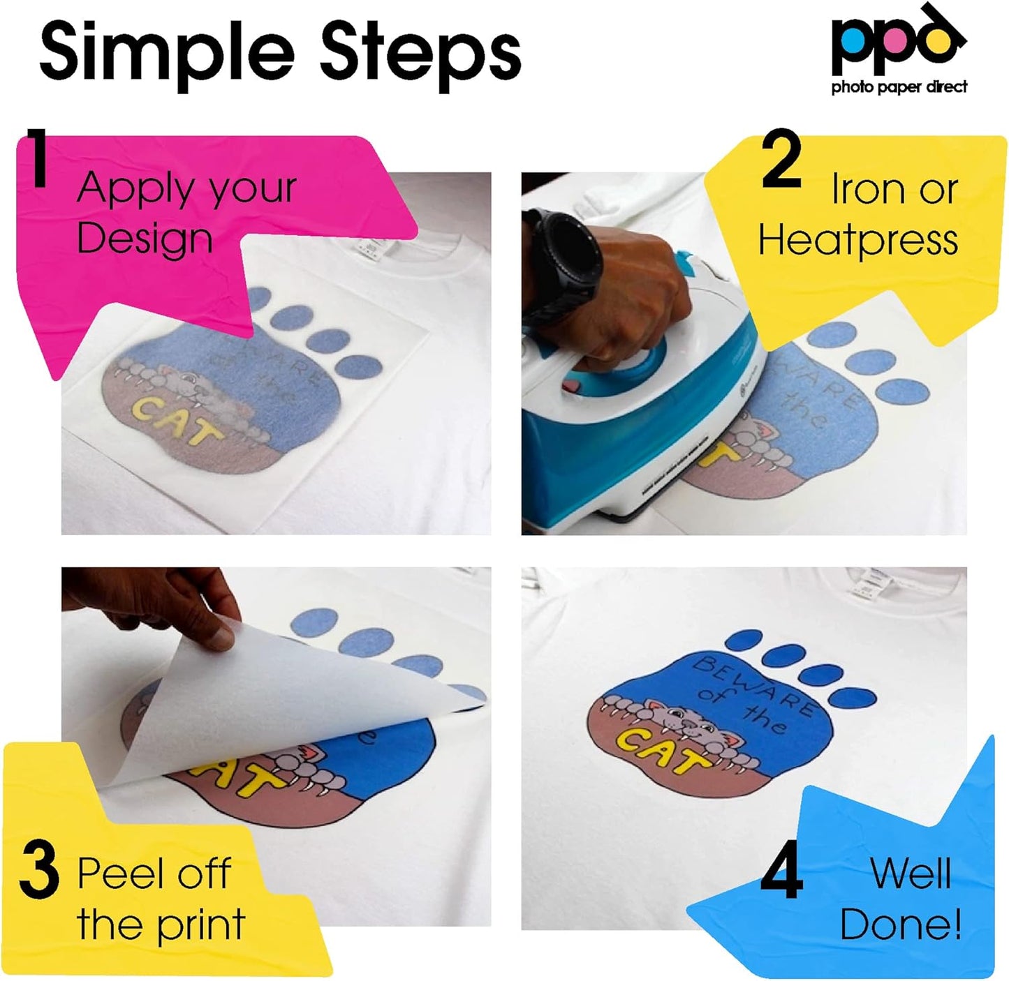PPD 100 Sheets 8.5x11” - Inkjet Iron-on Heat Transfer Paper for White & Light Fabric and T-Shirts - Premium - PPD-1-100
