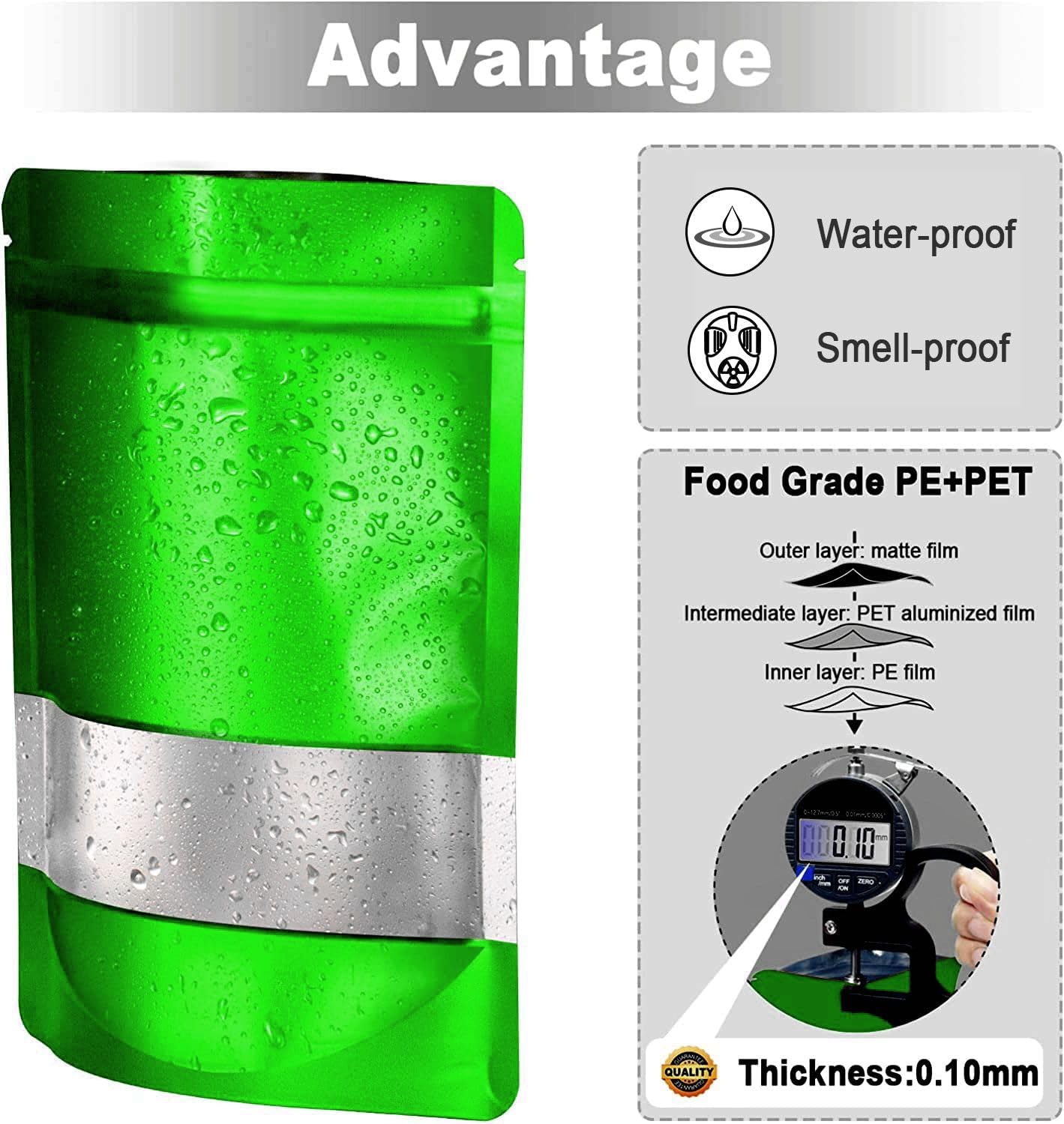 5.5"x7.8" 120pcs Mylar Bags for Food Storage,Smell Proof Bag with Matte Window Resealable Food Storage Bags for Small Business, Stand-up Foil Pouch Packaging Freeze Dried Candy Bag（Green）