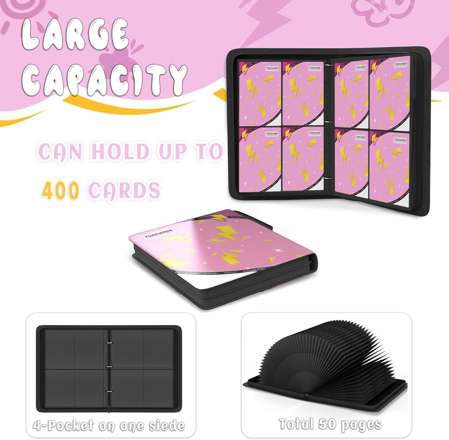 Trading Card Binder 4 Pocket，Card Binder 400 Pockets Card Book Holder Cards with 50 Removable Sleeves，3-Ring Zip Design MTG/TCG/Sport Collectible Trading Card Albums Gifts for Boys and Girls (Pink)