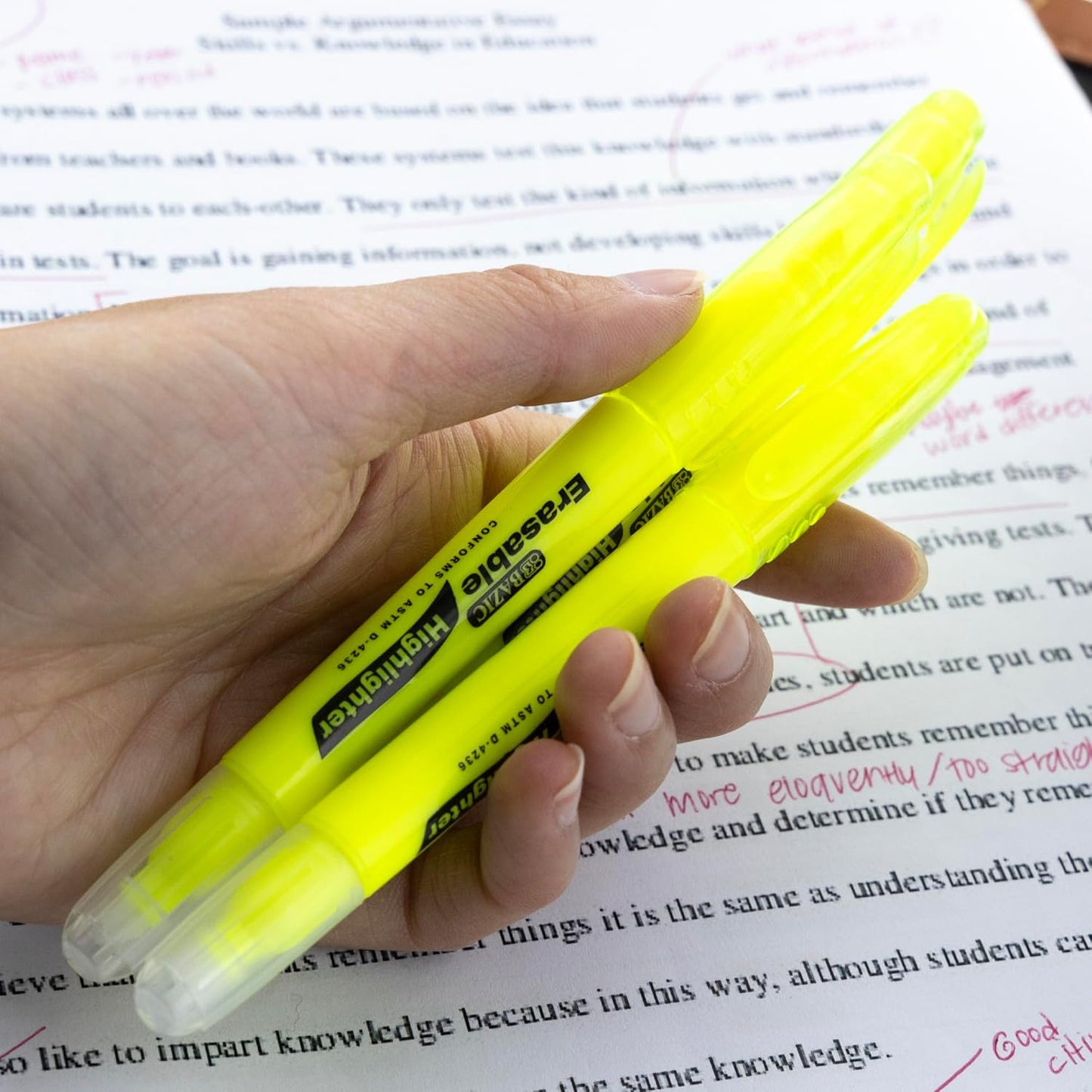 BAZIC Erasable Highlighter, Chisel Broad Line Fine Point Highlighters, Unscented Assorted Color Highlighting Coloring Erase Marker (3/Pack), 1-Pack