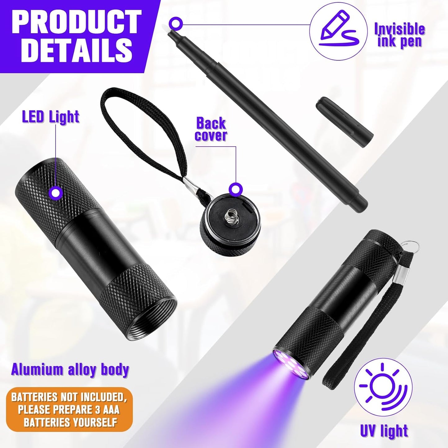 Tegeme 24 Invisible Ink Marker Set 8 Invisible Ink Pen 8 Mini UV Flashlight 8 Magnifying Glasses Blacklight Markers for Halloween Christmas Detective Kit Escape Room Prizes Gift Party Favors
