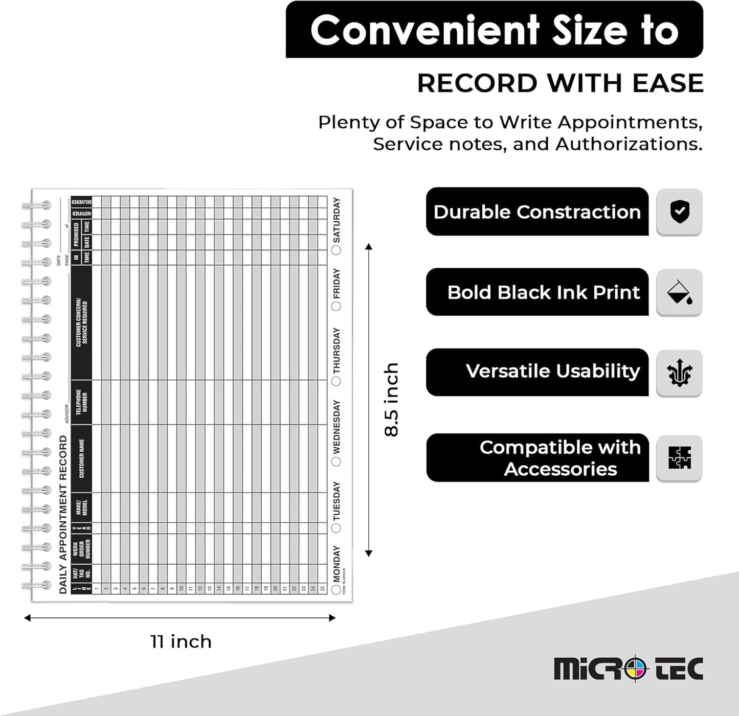 MICRO TEC Daily Appointment Record Log Books – 8.5" × 11" Spiral Bound Planner – Durable 90# Paper Notebook for Auto Repair Shops, Service Advisors & Daily Tracking - 100 Pages/Book (Book of 1)
