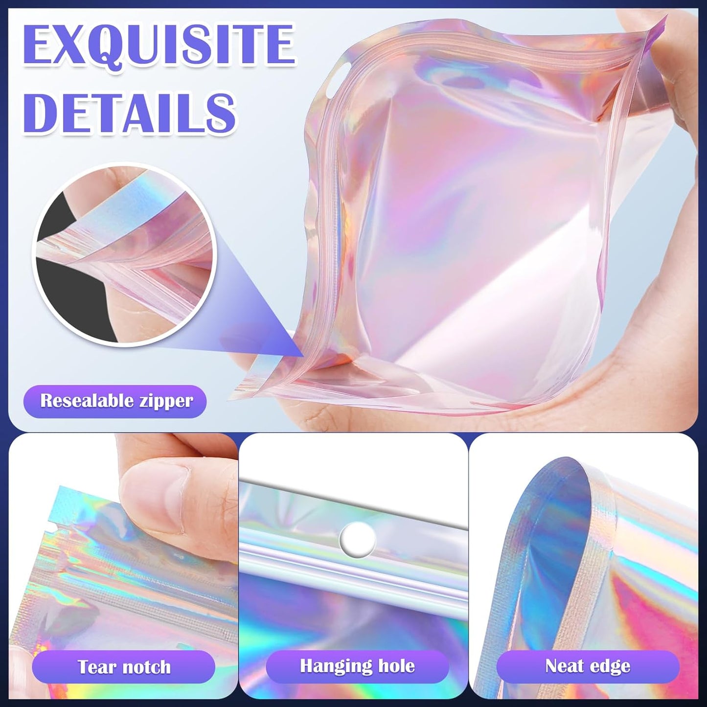 100 Pcs Mylar Bags - Holographic, Smell Proof, Resealable with Clear Window - Sealable for Pen, Brushes, Jewelry, Candy, Necklaces (2.4x9in)