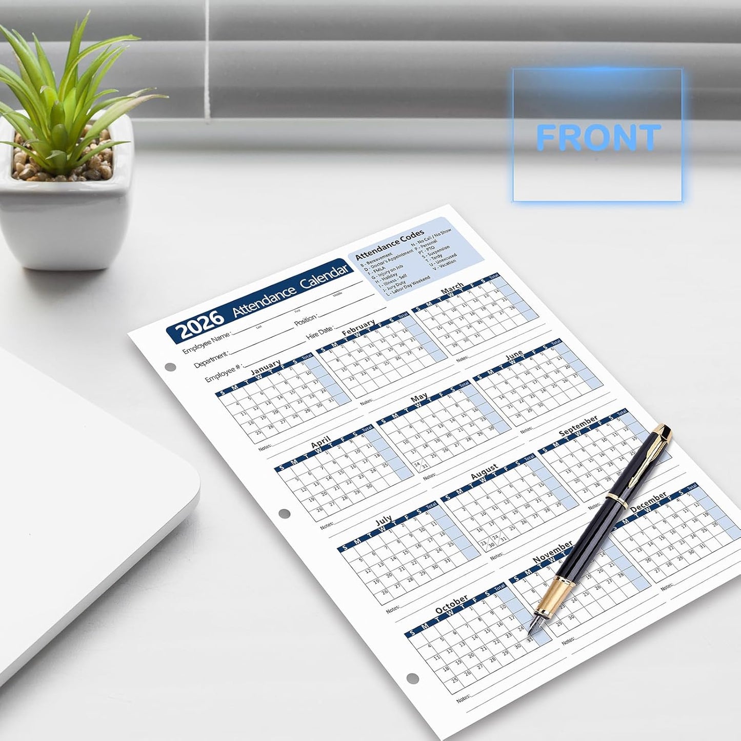 2026 Attendance Calendar (Pack of 25 Sheets) Employee Work Tracker Attendance Calendar Cards - Each sheet 8.5 X 11 100lb CardStock paper Make (25 sheets-Blue)
