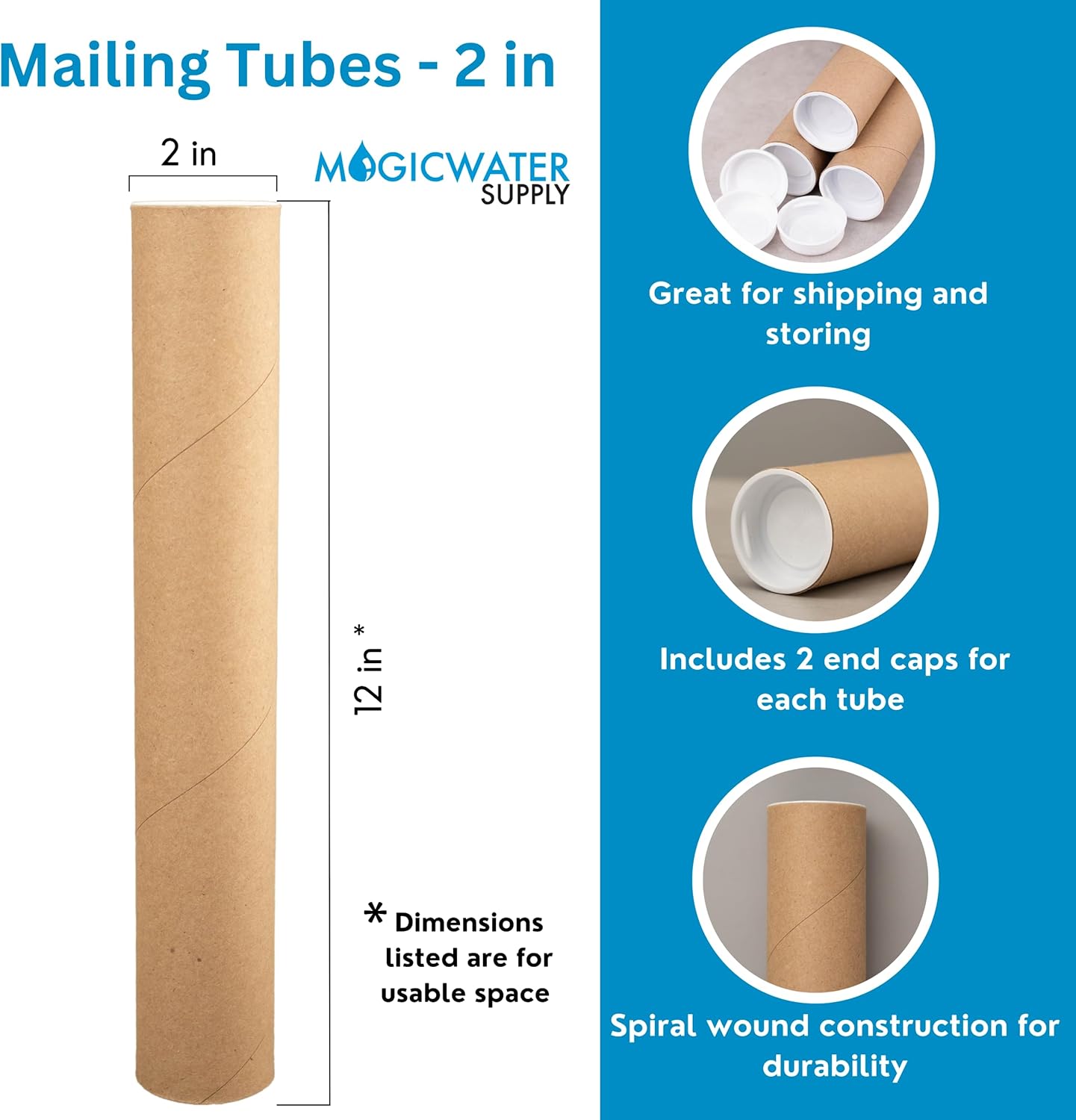 MagicWater Supply Mailing Tube - 2 in x 12 in - Kraft - 10 Pack - for Shipping and Storage of Posters, Arts, Crafts, and Documents