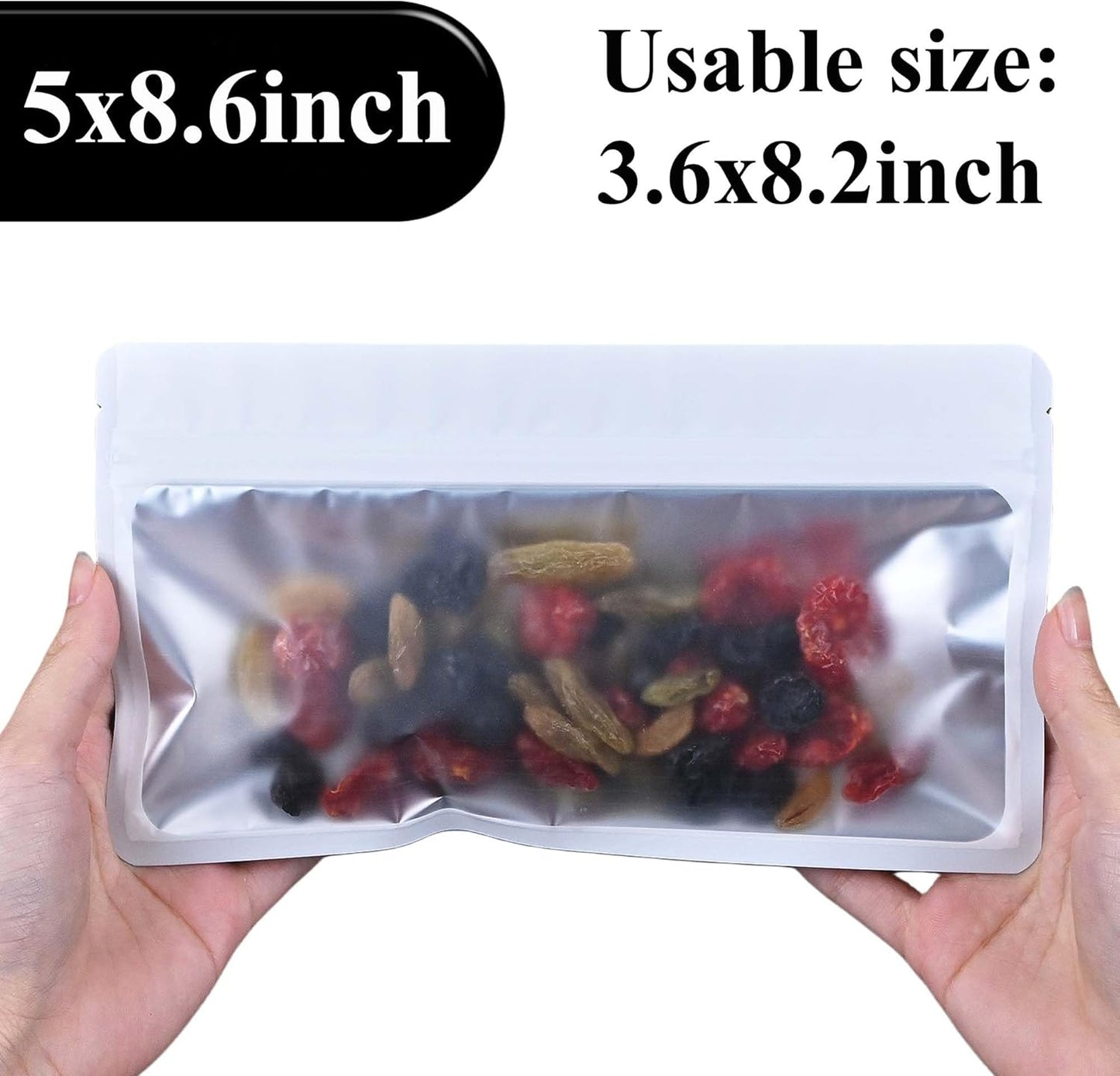 Resealable Mylar Pouch Holographic Bag Great for Office Home Party Favor Food Storage Cookies Sample Jewelry Snack (100PCS, White Color, 5 x 8.6 inch)