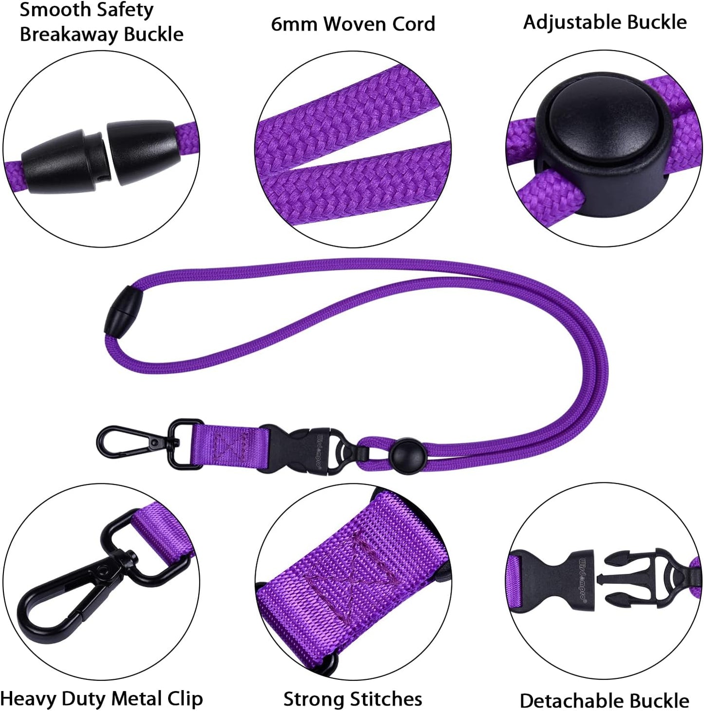 Wisdompro 2 Pack of 21 inch Durable Round Cord Heavy Duty Lanyard with Safety Breakaway Buckle, Detachable Buckle and Metal Hook for Keys, ID Card Badge Holders - Hotpink and Purple