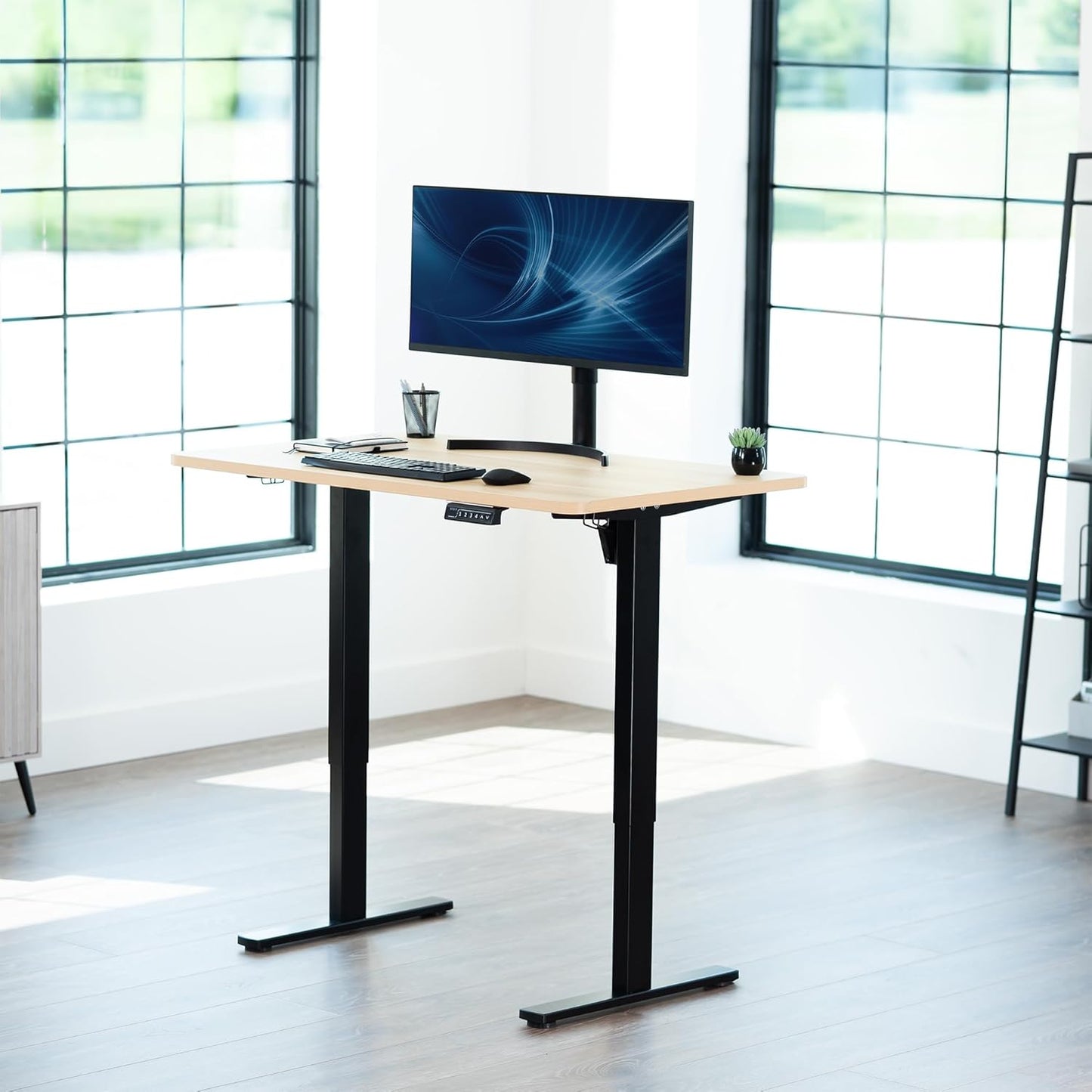 VIVO Electric 48 x 30 in Standing Desk, Memory Height Adjustment, 1B Series, One-Piece Light Wood Top, Black Frame, DESK-KIT-1B5C