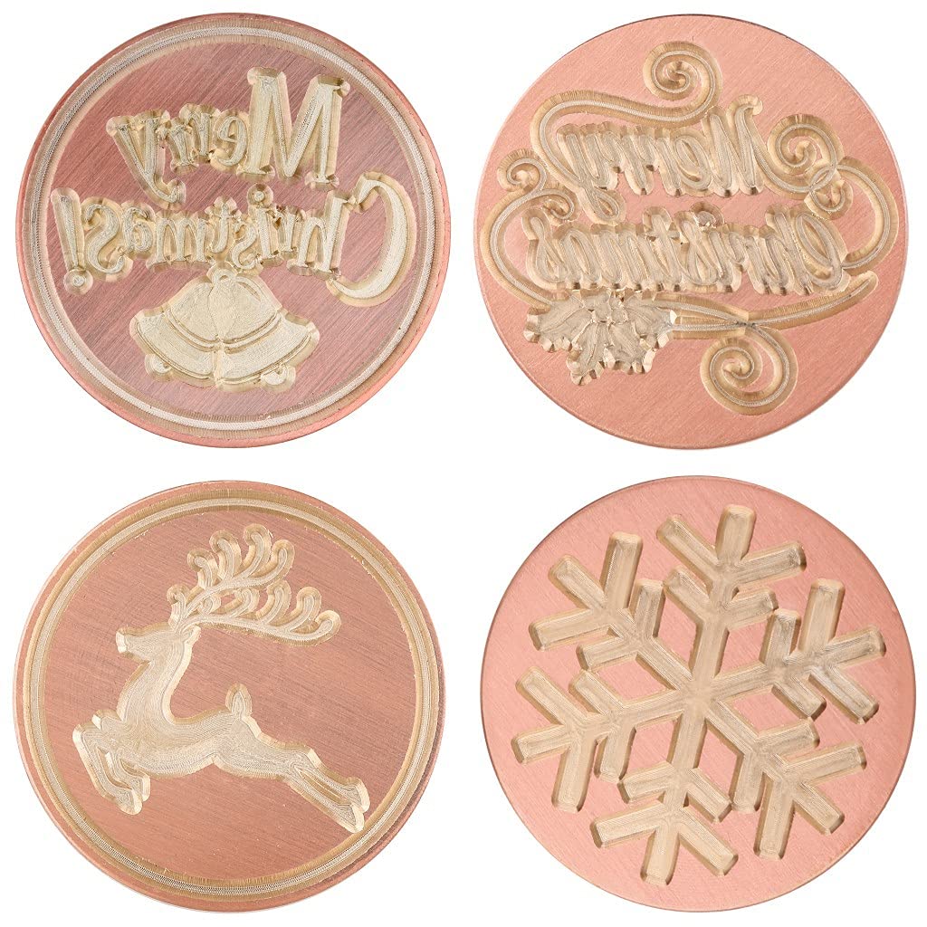 rockcloud Wax Seal Stamp Set, 4 Pieces Sealing Wax Stamps Copper Seals with 1 Green Aventurine Seal Handle for Cards Envelopes Invitation Decoration, Christmas Theme