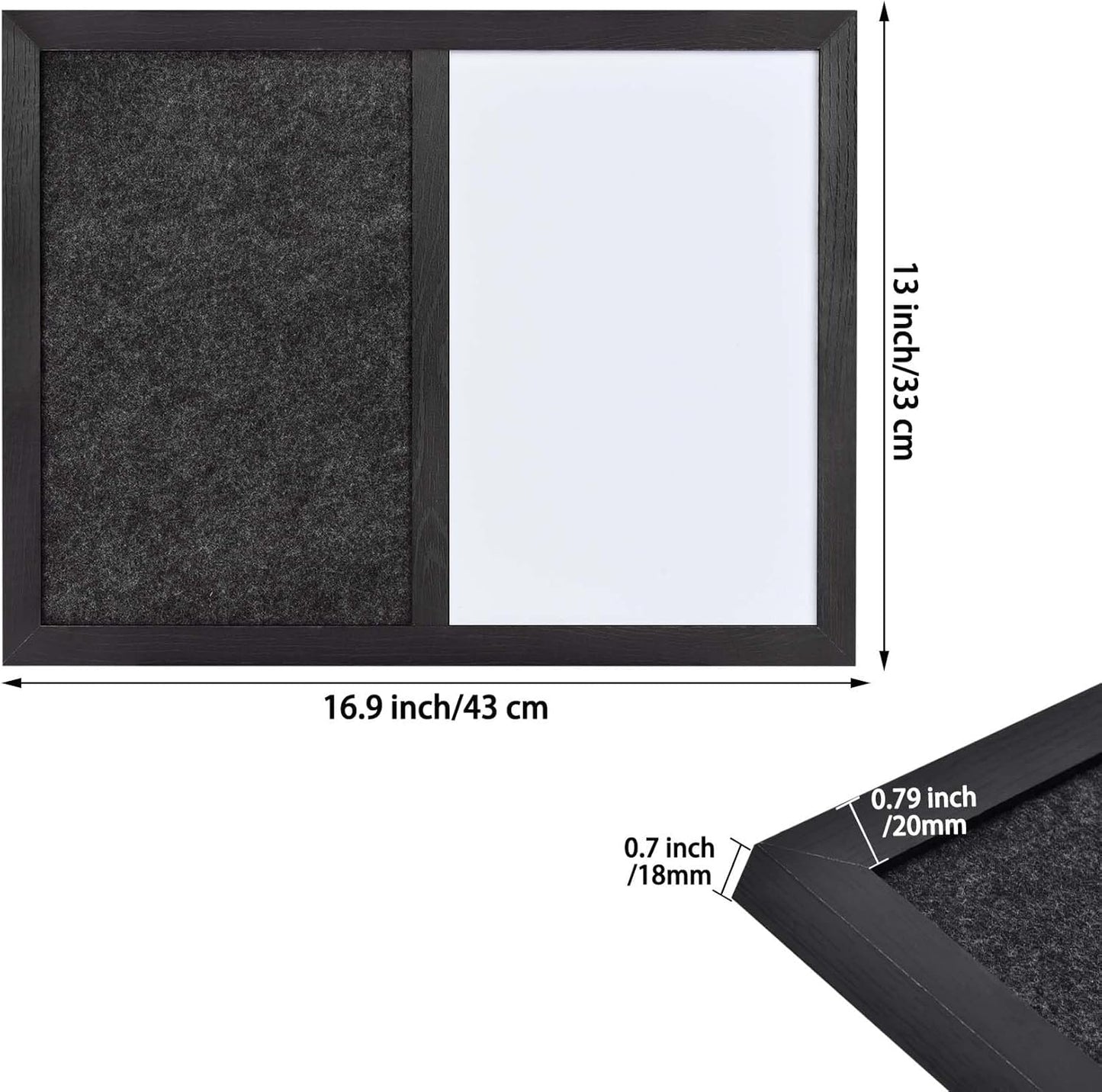 Bulletin Board Whiteboard Dark Gary Felt Board Combo for Office School Kitchen Bedroom, Black Wood Frame,13"*17",Whiteboard+BK-3343BK
