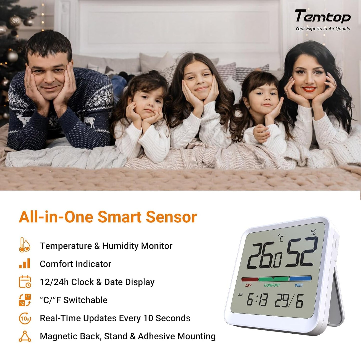 Temtop Indoor Thermometer Hygrometer, Precision Digital Temp/Humidity Monitor with Magnet & 3M Sticker, Date & Time, Wall/Magnet/Stand Mount, for Home, Office, Nursery, T1-SE