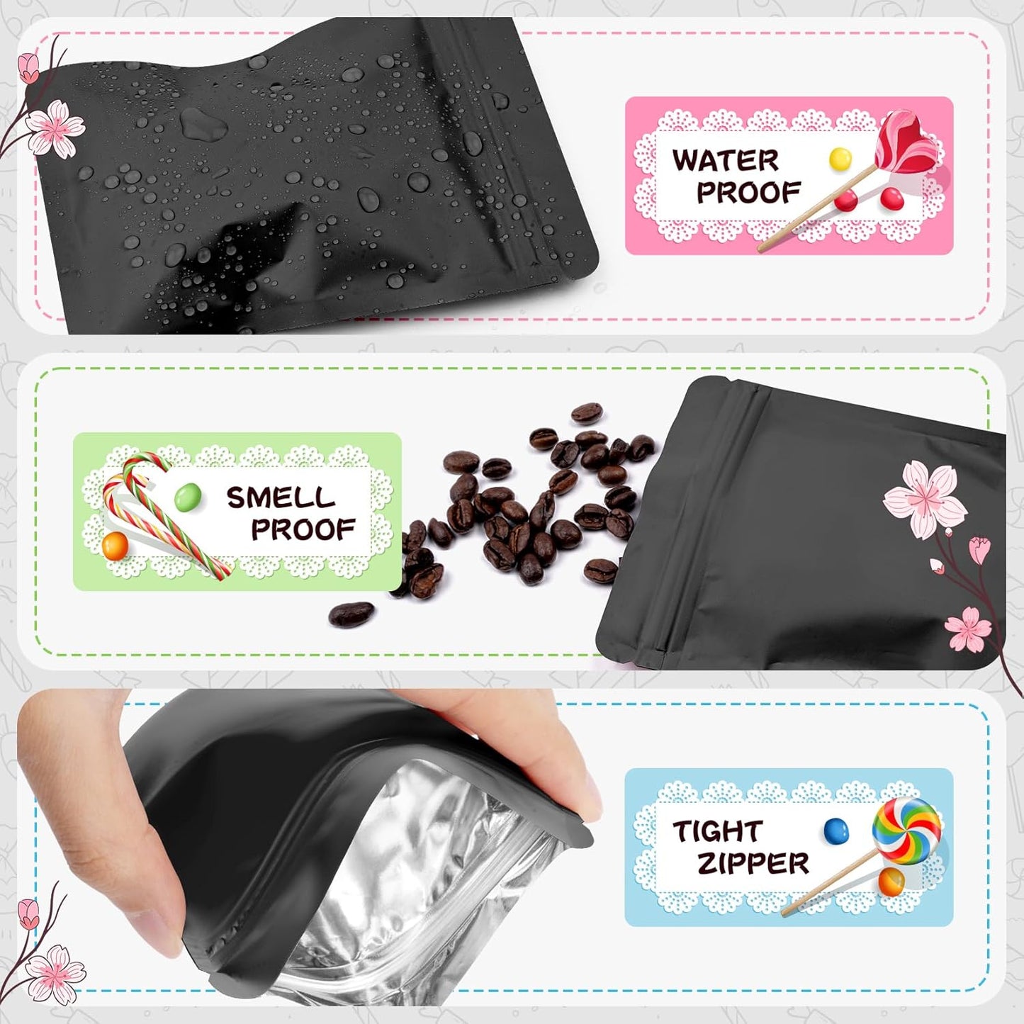 Funfery 100 Pack Black Mylar Packaging Bags Resealable Bags Double Sided Color Odor Proof Pouch Baggies Smell Proof Foil Bag for Food Storage,Small Business(Black,3x4inch)