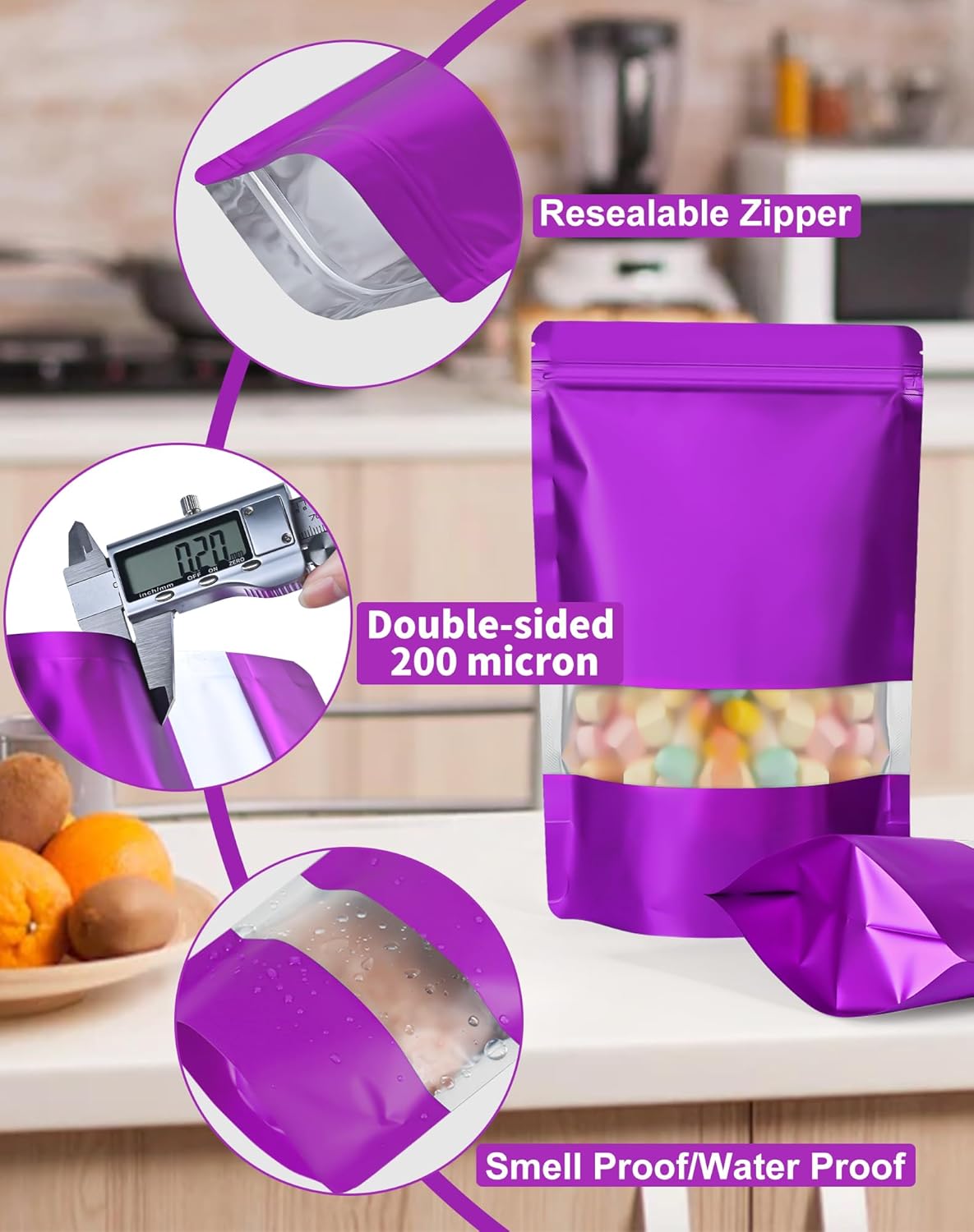 FireKylin 100 Pack Smell Proof Bags 5.9" x 8.6", Resealable Bags with Matte Window, Foil Pouch Stand Up Sealable Bags for Packaging(Purple)