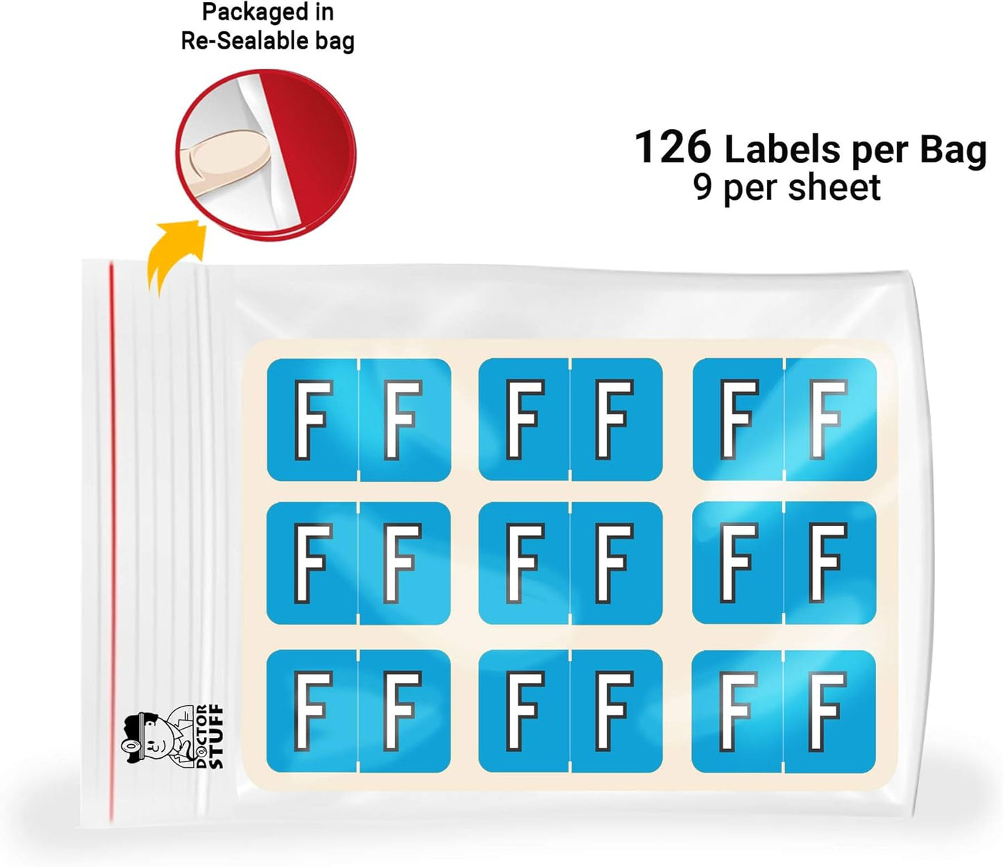 Doctor Stuff - File Folder Labels, Alphabet Letter F, Barkley/Sycom FABKM - BRAM Series Compatible Alpha Stickers, Blue, 1" x 1-1/2", 126 Labels/Package