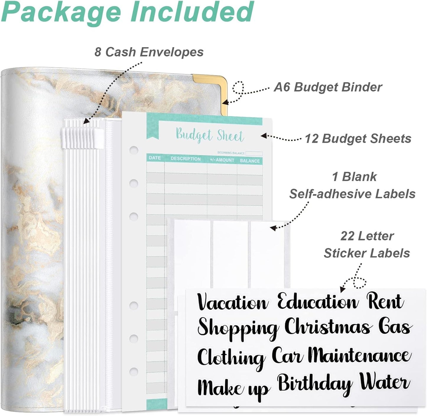 Rnivvi Budget Binder with Zipper Envelopes, A6 Money Saving Binder Cash Envelopes for Budgeting, PU Leather Planner Money Organizer for Cash Bills, Cute Marble System Wallet for Women, Gray White