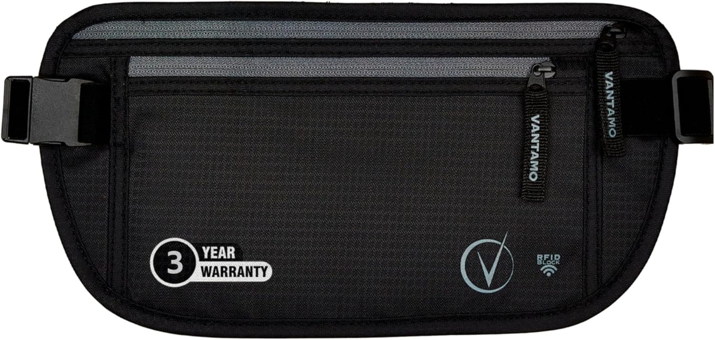Vantamo Hidden Money Belt For Extra Safety, RFID Ultra-Thin Fanny Pack, 2 Compartment Money Bag Fits Passport & Phone