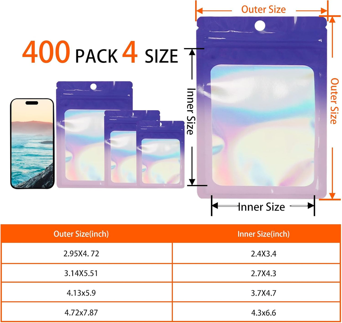 400 Pack 4 Sizes Resealable Mylar Holographic Bags Food Storage Smell Proof Bags with Front Window Foil Packaging Pouch for Sample Jewelry Small Business (Red to Yellow,3x4.7,3.1x5.5,4x 6,4.7x 7.9in)