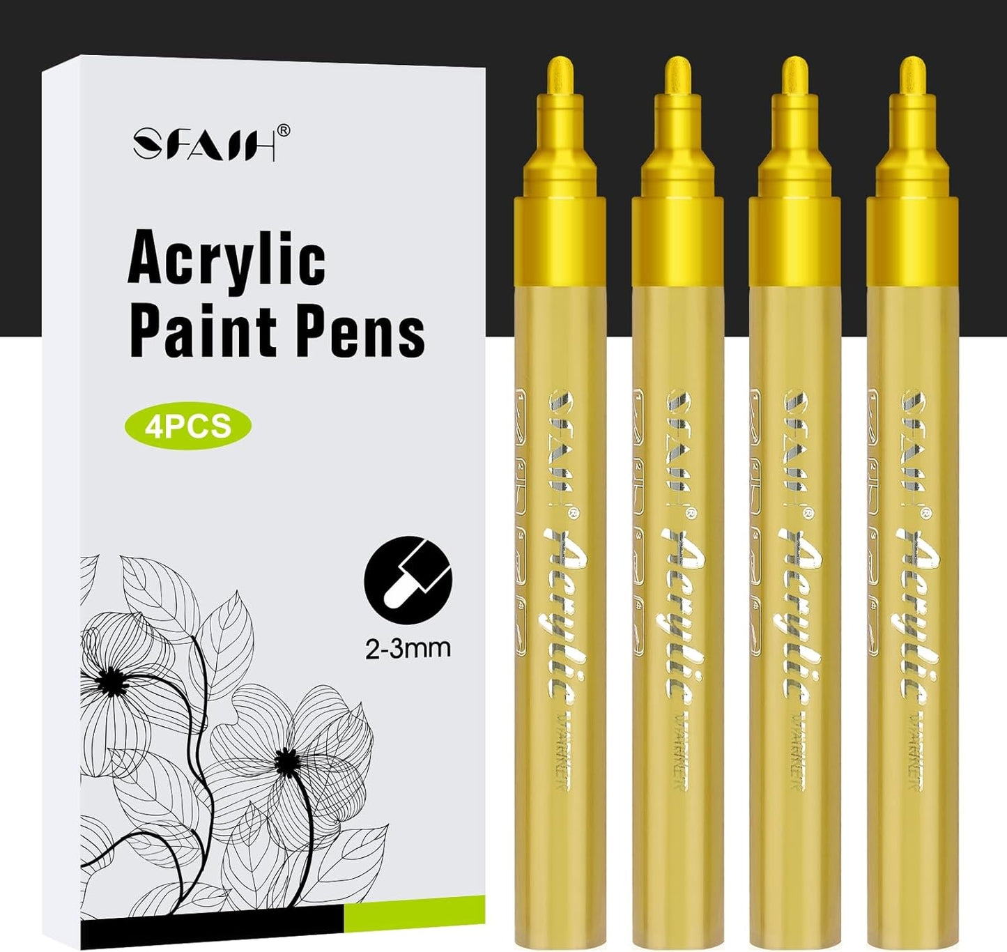 SFAIH Gold Paint Markers Pens - 4 Pack 2-3MM Medium Tip Metallic Acrylic Markers for Poster Board, Wood Signs, Glass Jars, DIY Home Decor