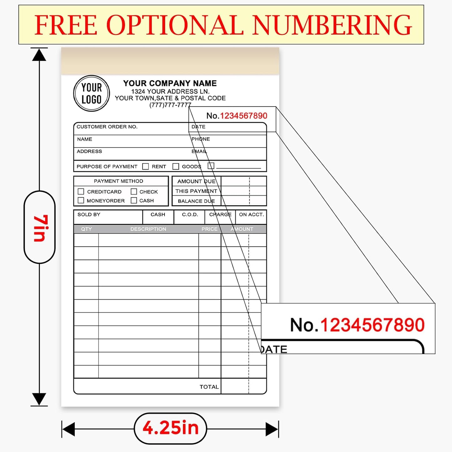 Custom Invoice Book for Small Business,4.5 x7 Inches Invoice Receipt Book, 3-Part Carbonless Forms, Personalized Company Name, Address, Phone Number