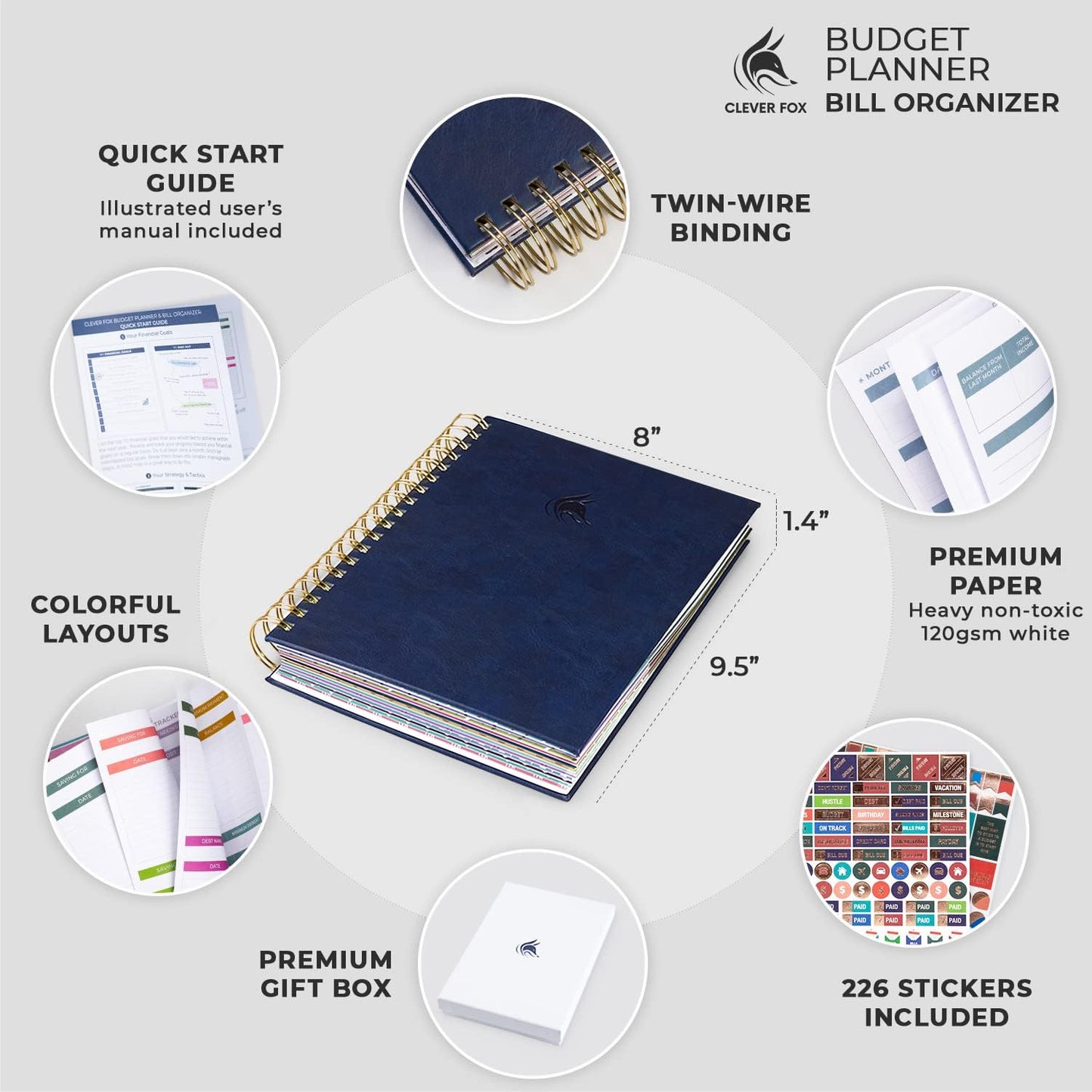 Clever Fox Budget Planner & Monthly Bill Organizer With Pockets. Expense Tracker, Budgeting Journal & Financial Book. Large, 8x9.5" (Dark Blue)