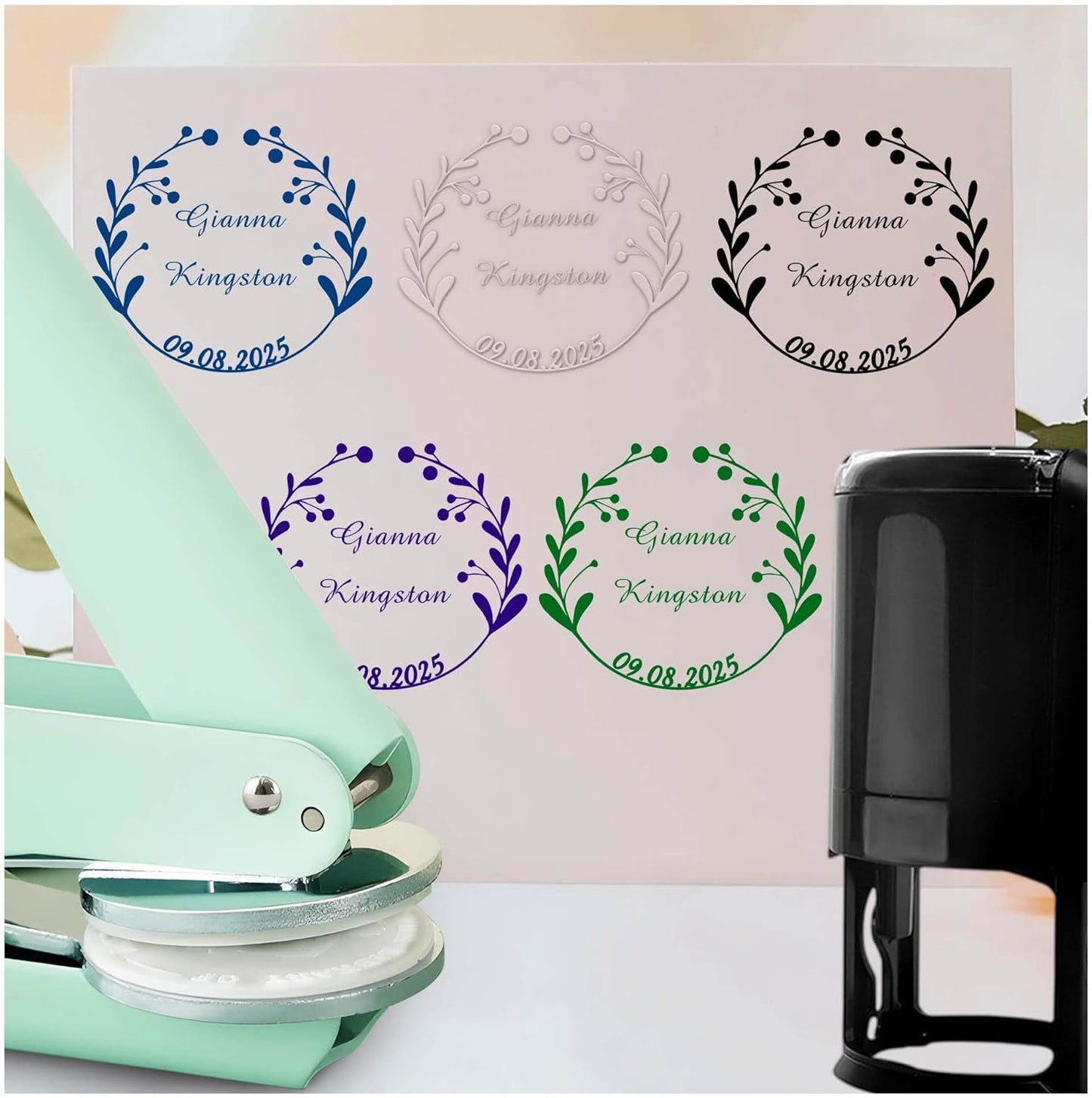 Personalized Wedding Embosser Stamp， Custom Book Business Card Paper Document Notebook, Self Inking Stamp，Book Lover Gifts，Christmas Gifts (Style13)