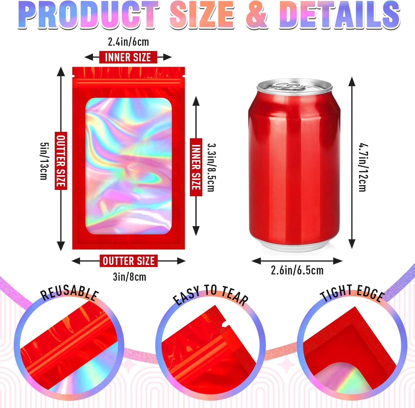 Smell Proof Bags, 100 PCS Mylar, Holographic, Resealable, Food Storage, Sample, Freshie Bags (3x5 Inch)
