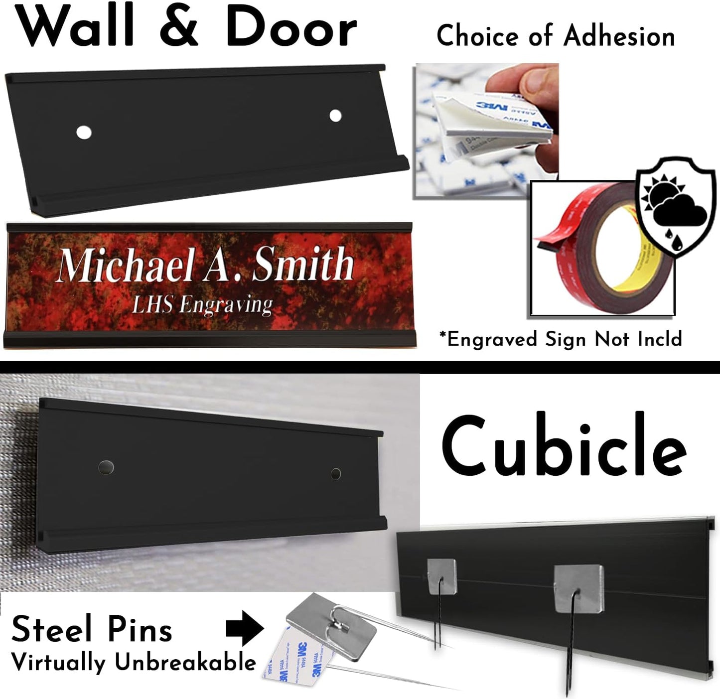 Executive Wall Nameplate Sign Holder Black Aluminum Fits 2x6 Plastic Office Door Name Plate or Cubicle Option| Made in USA