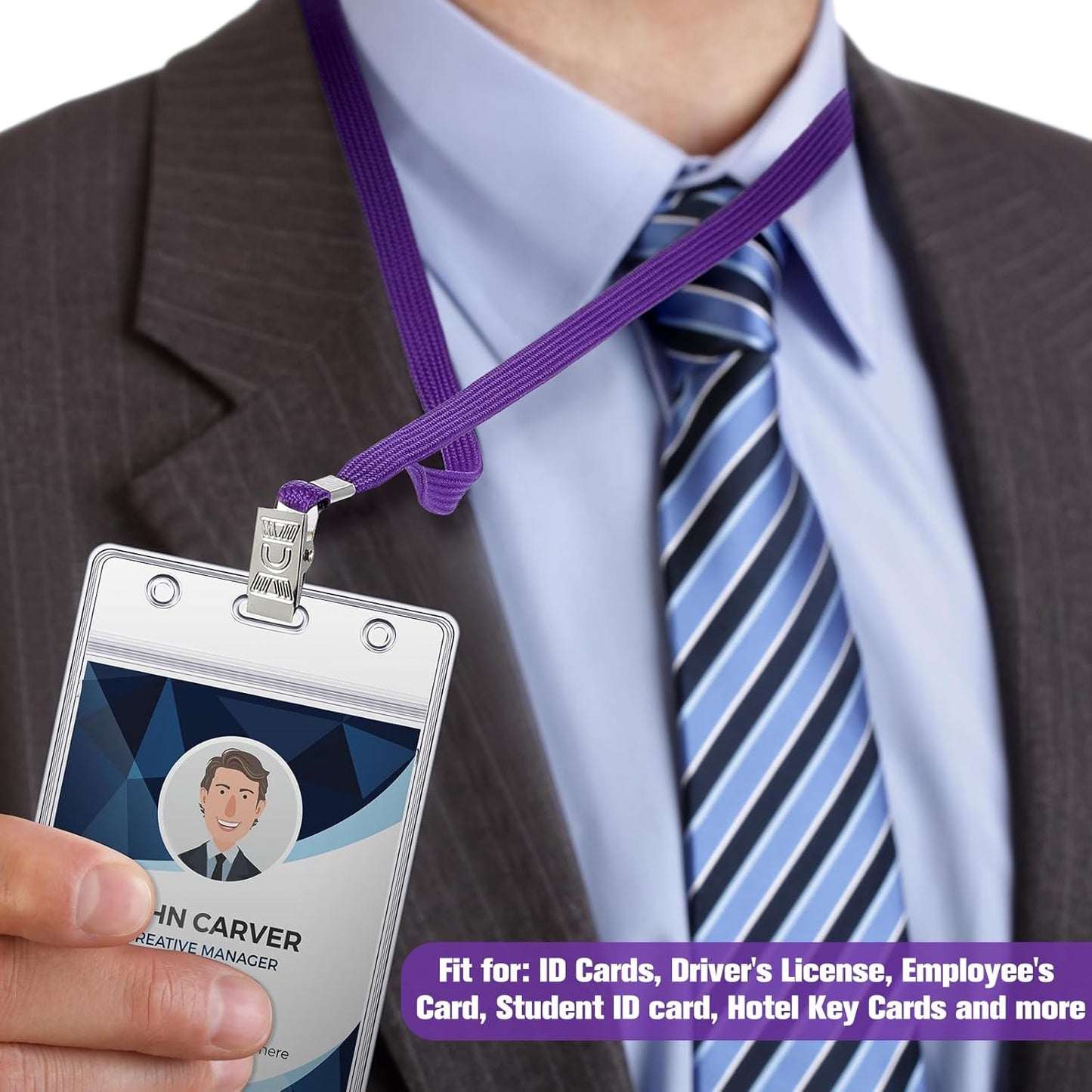 Marspark 200 Pcs Name Tag Lanyards with ID Holder Lanyards for ID Badges Resealable Flat Neck Name Tag with Clip Waterproof Plastic Clear Badges Bulk for School Office Supplies (Purple)