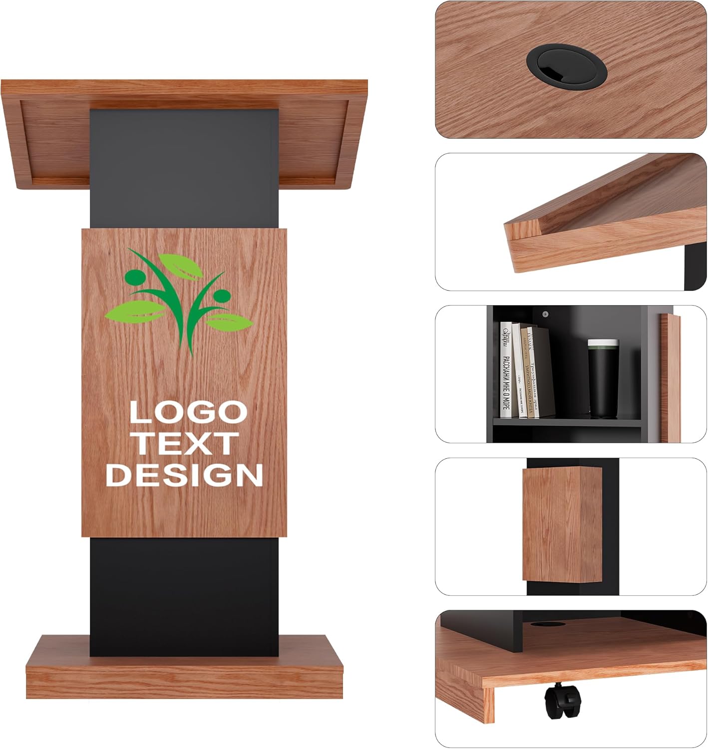 Customizable Logo & Text Podium Stand,Wood Lectern with Lockable Wheels,Church Pulpit with Storage,Mic Stand Space,Wooden Podium for Churches,Seminars and Schools (Brown)