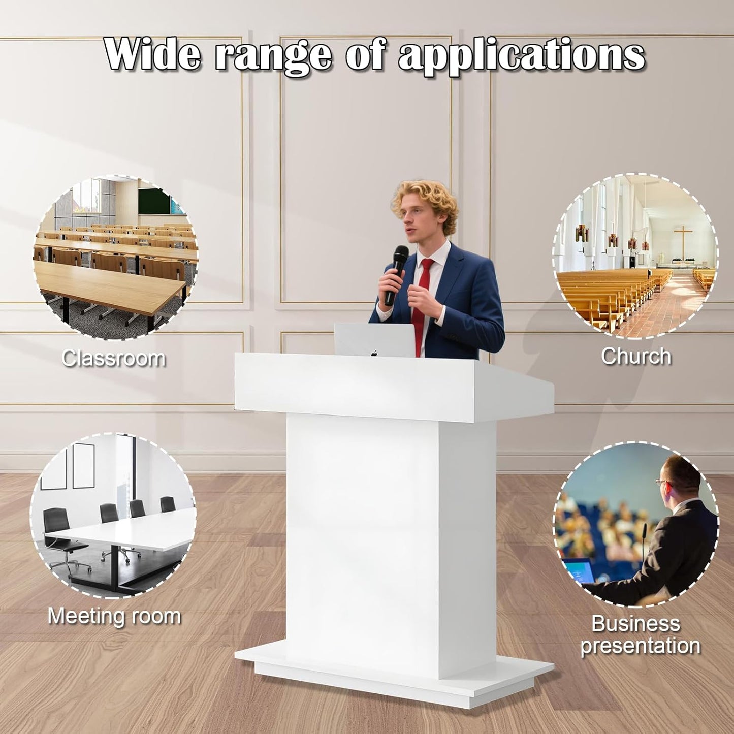 Solid Wooden Podium Stand Podiums for Classroom Lectern Podium Stand Wood Church Pulpit with 3 Levels of Storage and Heightened Baffles (White, 31.5in)
