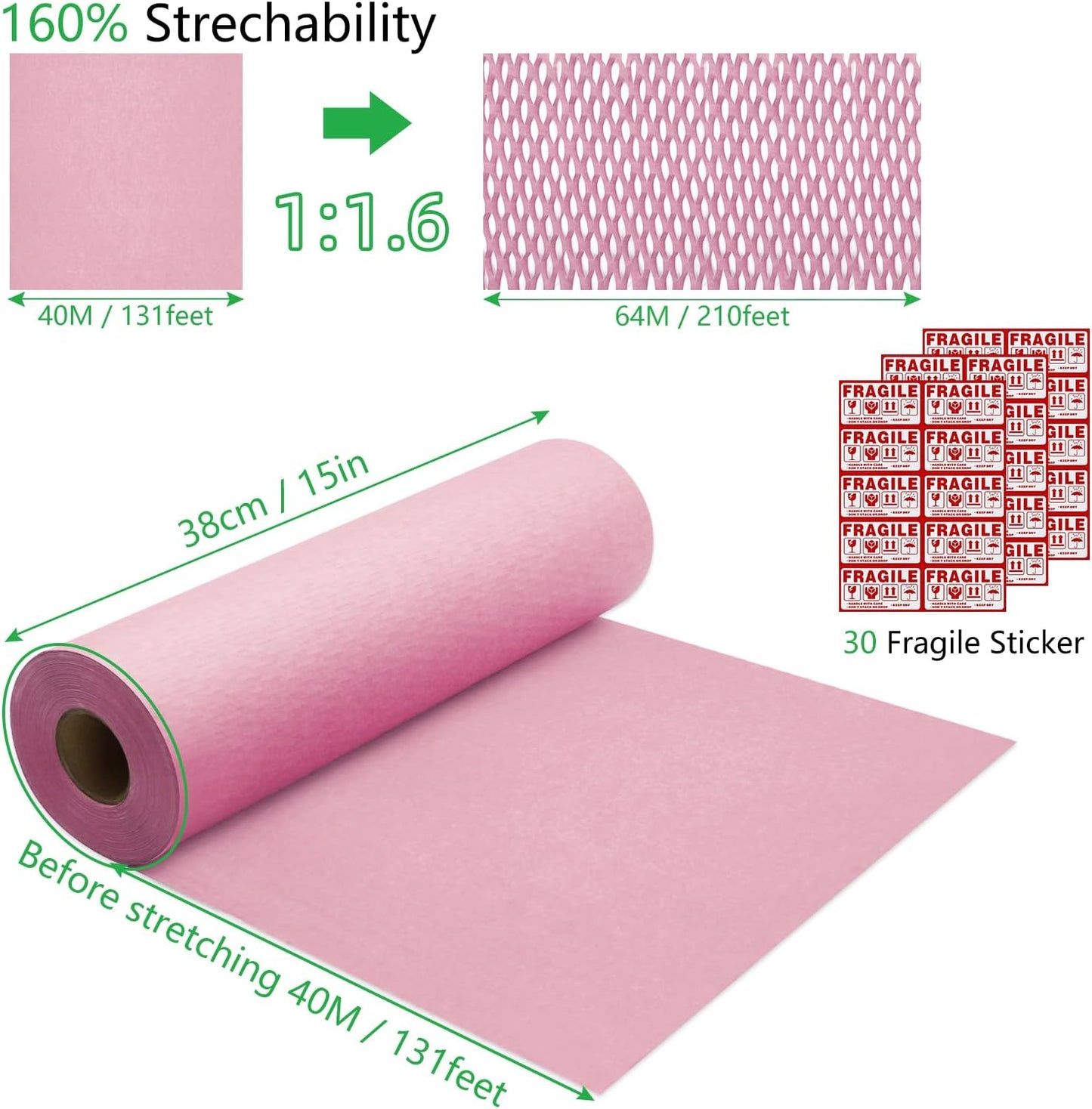 Honeycomb Packing Paper PINENUTS 15" x 131' Eco Friendly Packing Paper for Moving Recyclable Honeycomb Paper Bubble Paper Wrapping with 30 Fragile Sticker Labels and 66fthemp rope (Pink)