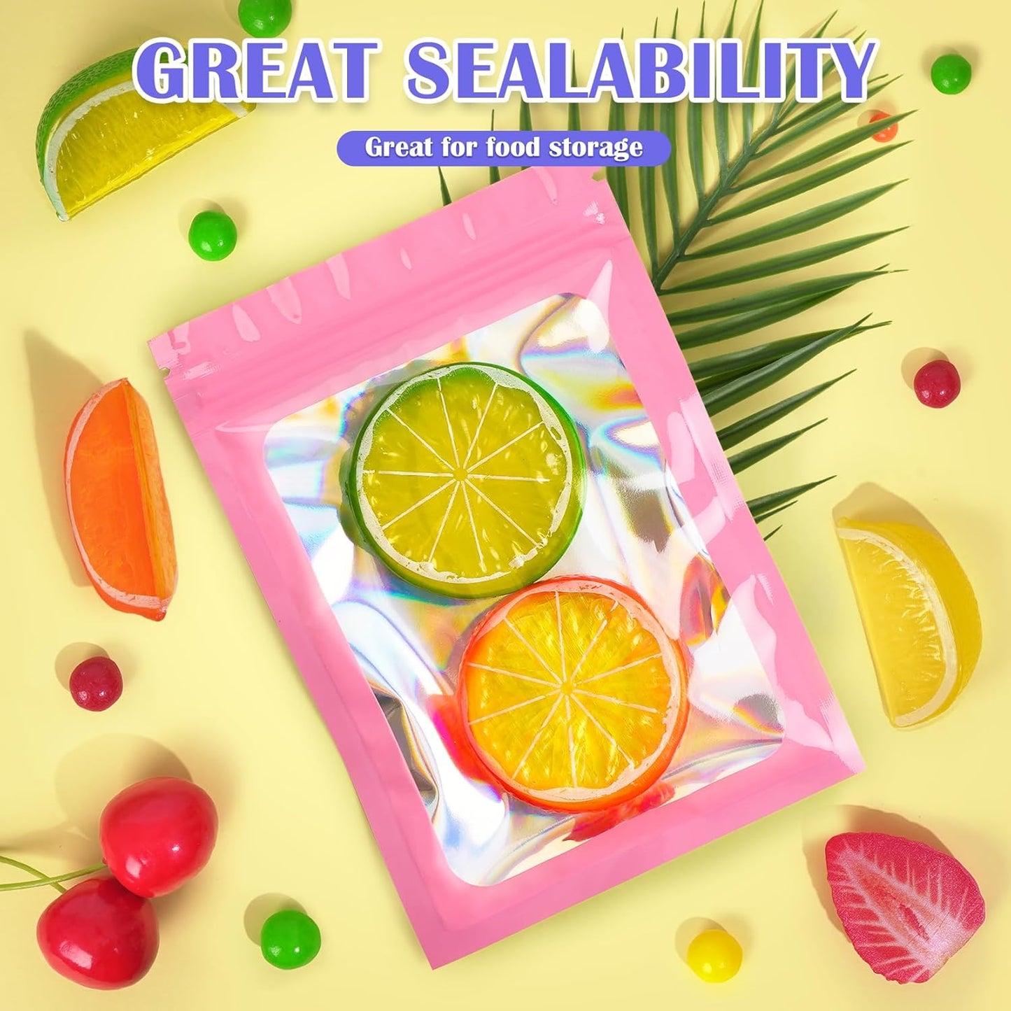 100 PCS Mylar Bags, Pink Holographic Bags, Resealable Bag for Small Business, Foil Pouch Bag for Food Storage, Bracelets, Jewelry（3x5in）