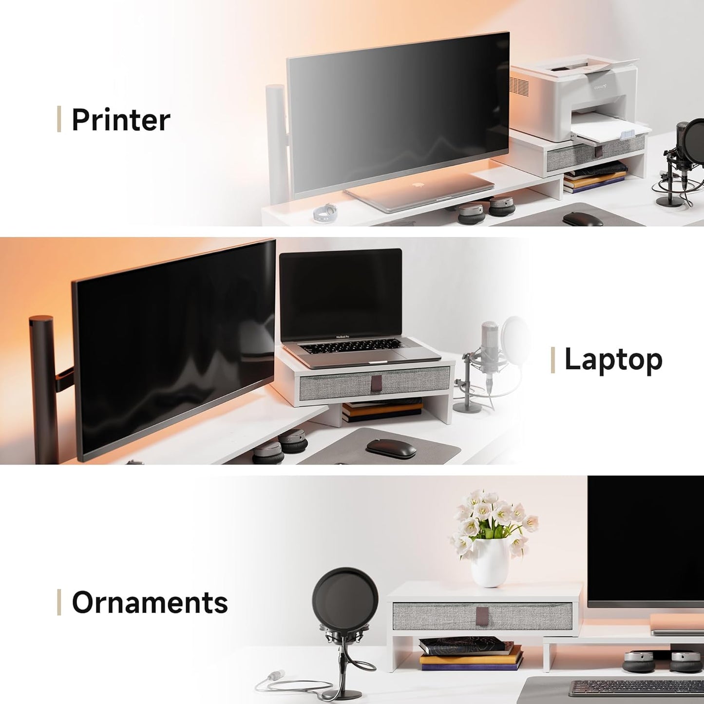 Fenge Computer Monitor Riser Stand with Drawer for 2 or 3 Monitors ,Adjustable Length and Angle Desktop Laptop Stand,Office Organizer,Printer,White