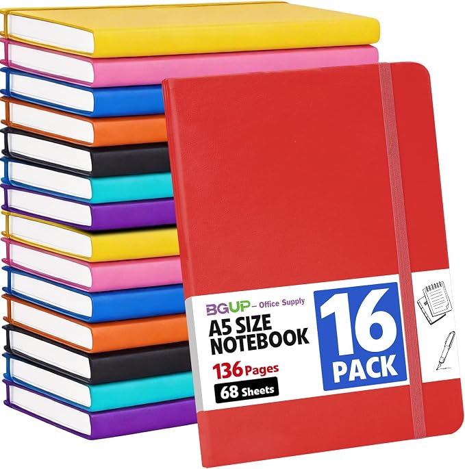 16 Pack Lined Journal Notebook for Work, 136 Pages, Medium 5.5" x 8.3" by BGUP