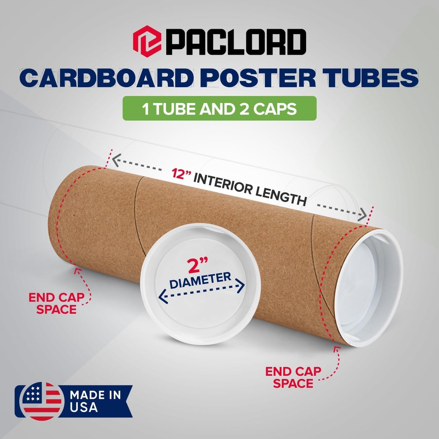 2" x 12" Reinforced Kraft Paper Mailing Tube, Pack of 1 Tube with 2 Caps – Secure USPS Approved Poster Tube – Cardboard Tube for Shipping and Storing Posters, Prints, Artwork, or Documents