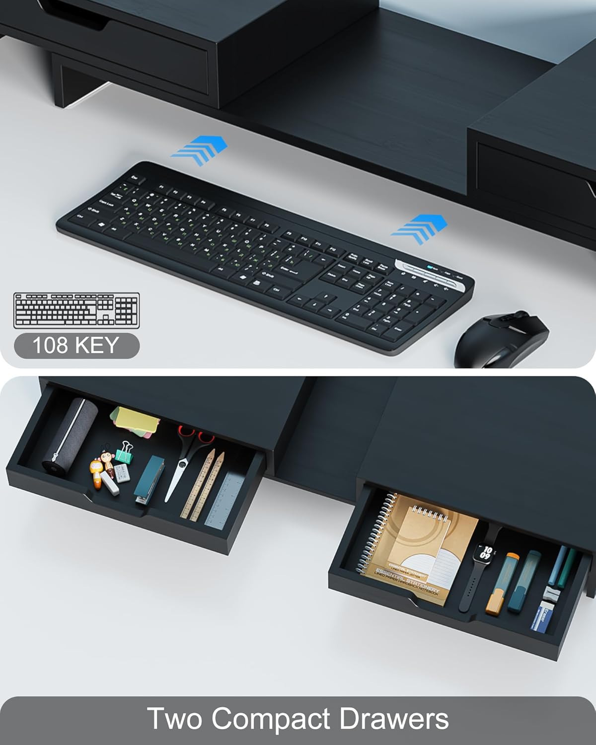 Dual Monitor Riser with Two Drawers for Desk, Bamboo Monitor Stand Riser with Storage, Desk Shelf for Computer, IMac & Laptop, No Assembly Required, Black