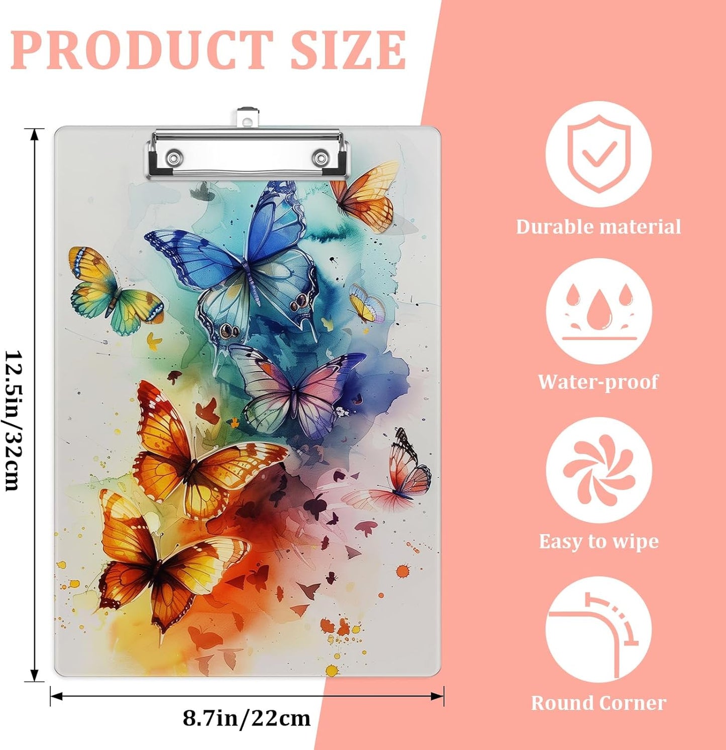 Colourful Butterfly Plastic Clipboards,Cute Fashion Clipboard Decorative 8.5" x 12.5"Standard A4 Size Clipboards,Acrylic Clipboard for Teacher,Social Worker,Students,Nurse,Office Supplies