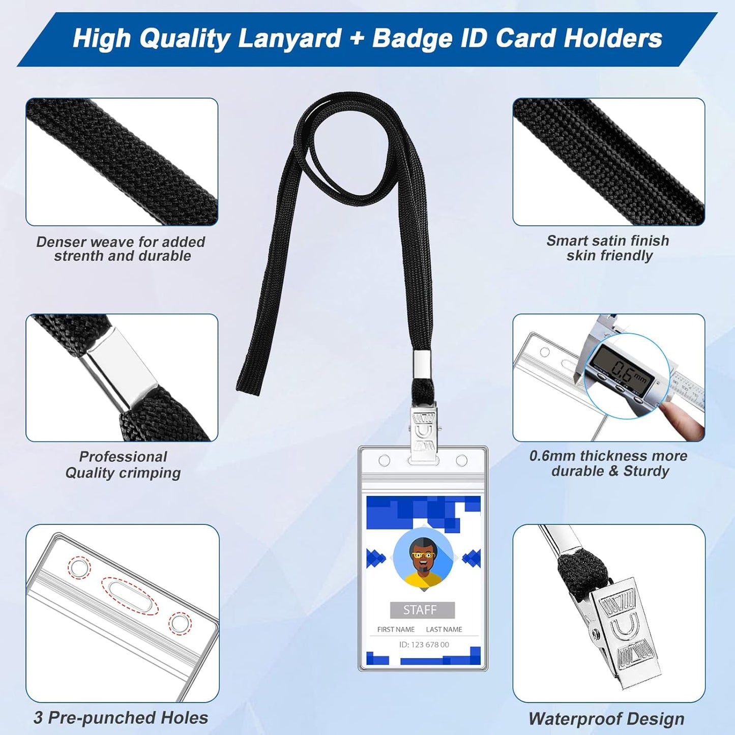 100 Sets Lanyards for Id Badges and Clear Plastic Vertical Name Badge ID Card Holders, Flat Neck Lanyards with Clip Waterproof Resealable Name Tag Badge ID Card Holders, Black