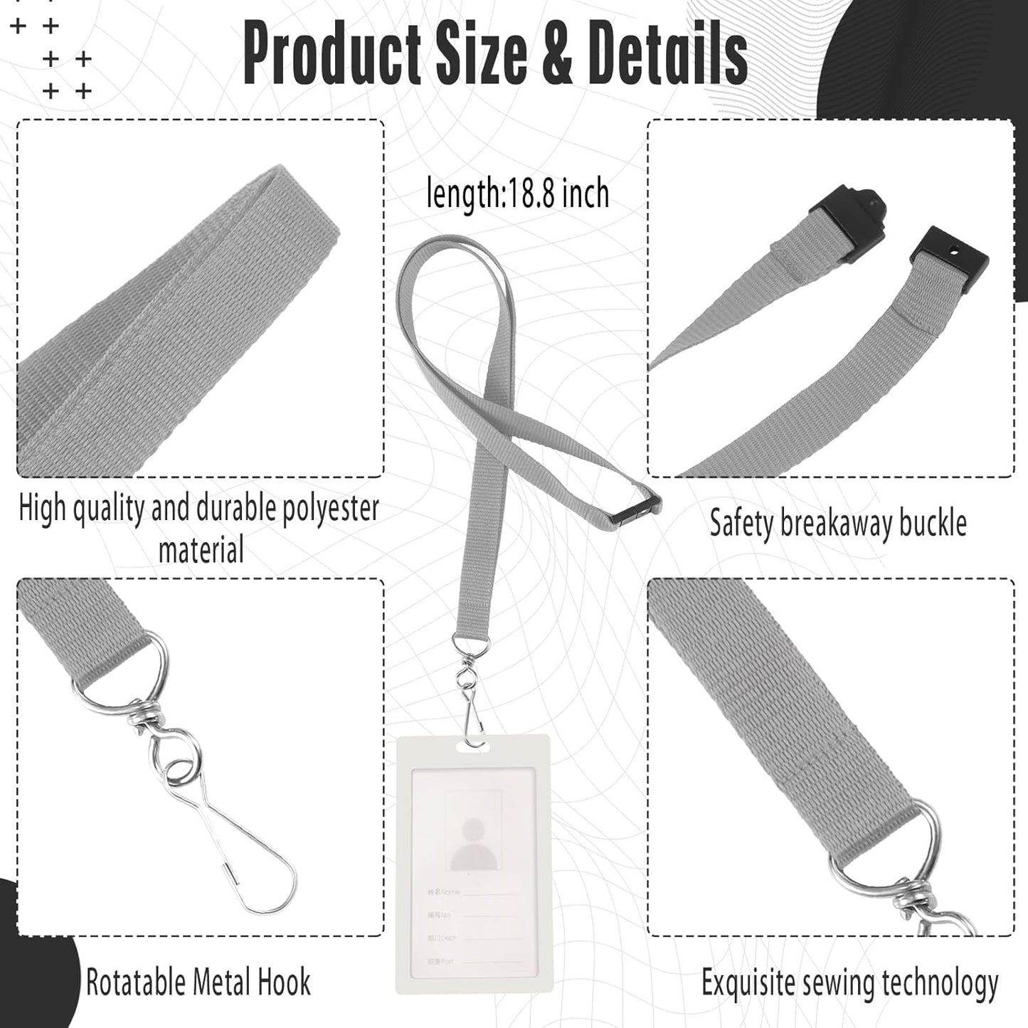 Patelai 60 Pcs Breakaway Lanyards with J Hook Bulk Flat for ID Badges Neck Badge Lanyards Card Nametag Holder Neck Straps (Gray)