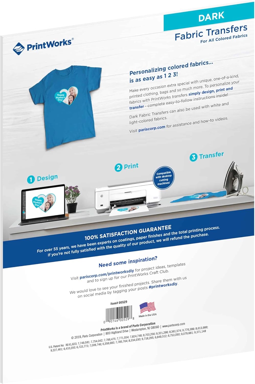 PrintWorks Printable Iron on Heat Transfer Paper for Dark Fabrics & T-Shirts, 8.5” x 11”, 5 Sheets, Easily DIY, Made in the USA