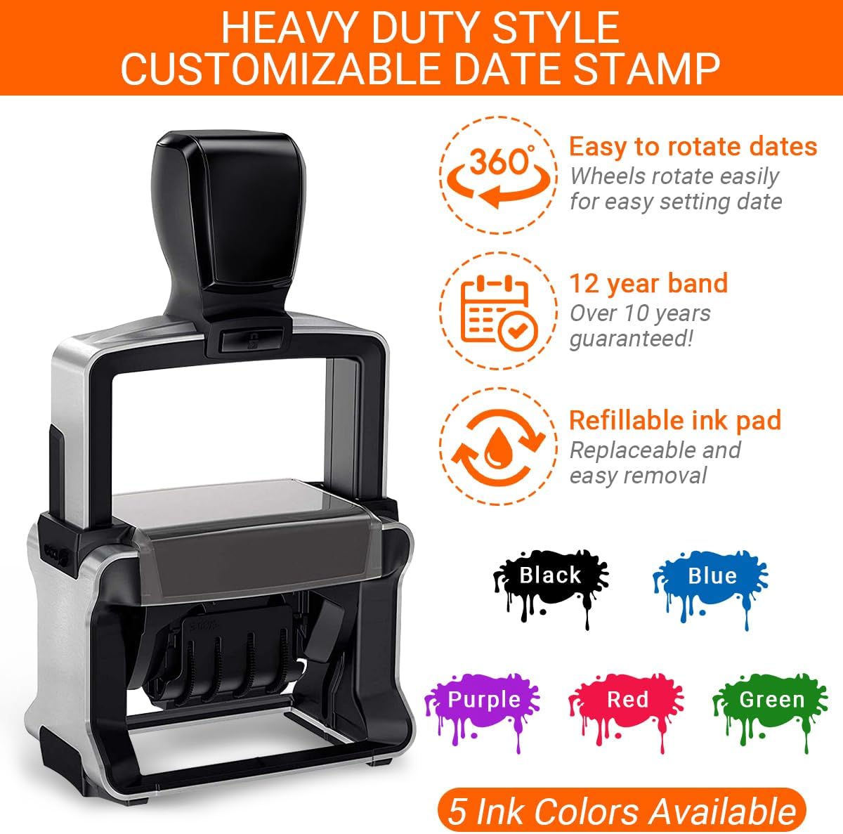 Custom Date Stamp with Personalized Text Logo Customized Self-Inking Rubber Dater Stamper for Received Paid Completed Emailed Posted Scanned Approved Heavy Duty Office Business Stamps, 4 Sizes