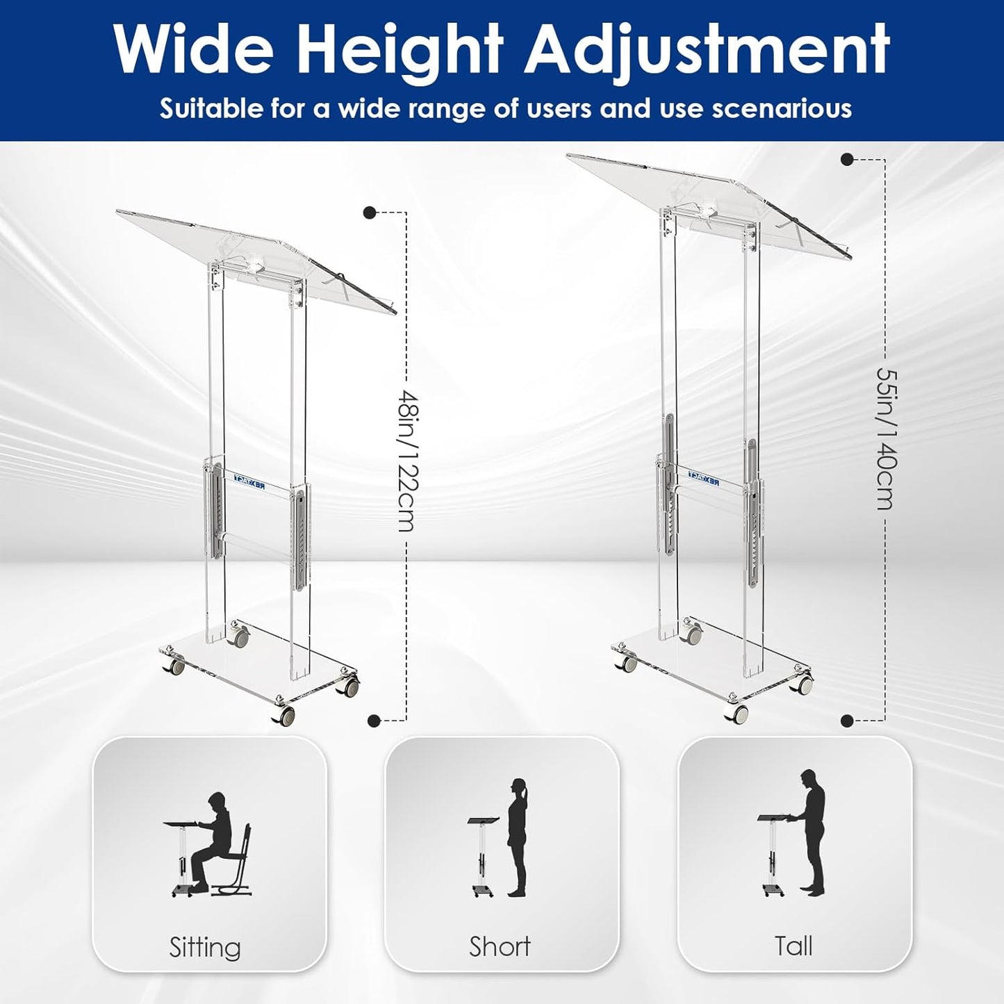 Acrylic Podium Stand,49"H Rolling Podium with Lockable Wheels,Height & Angle Adjustable Lecterns & Podiums, Portable Podium for Classroom,Teachers,Pulpits for Churches,Speech